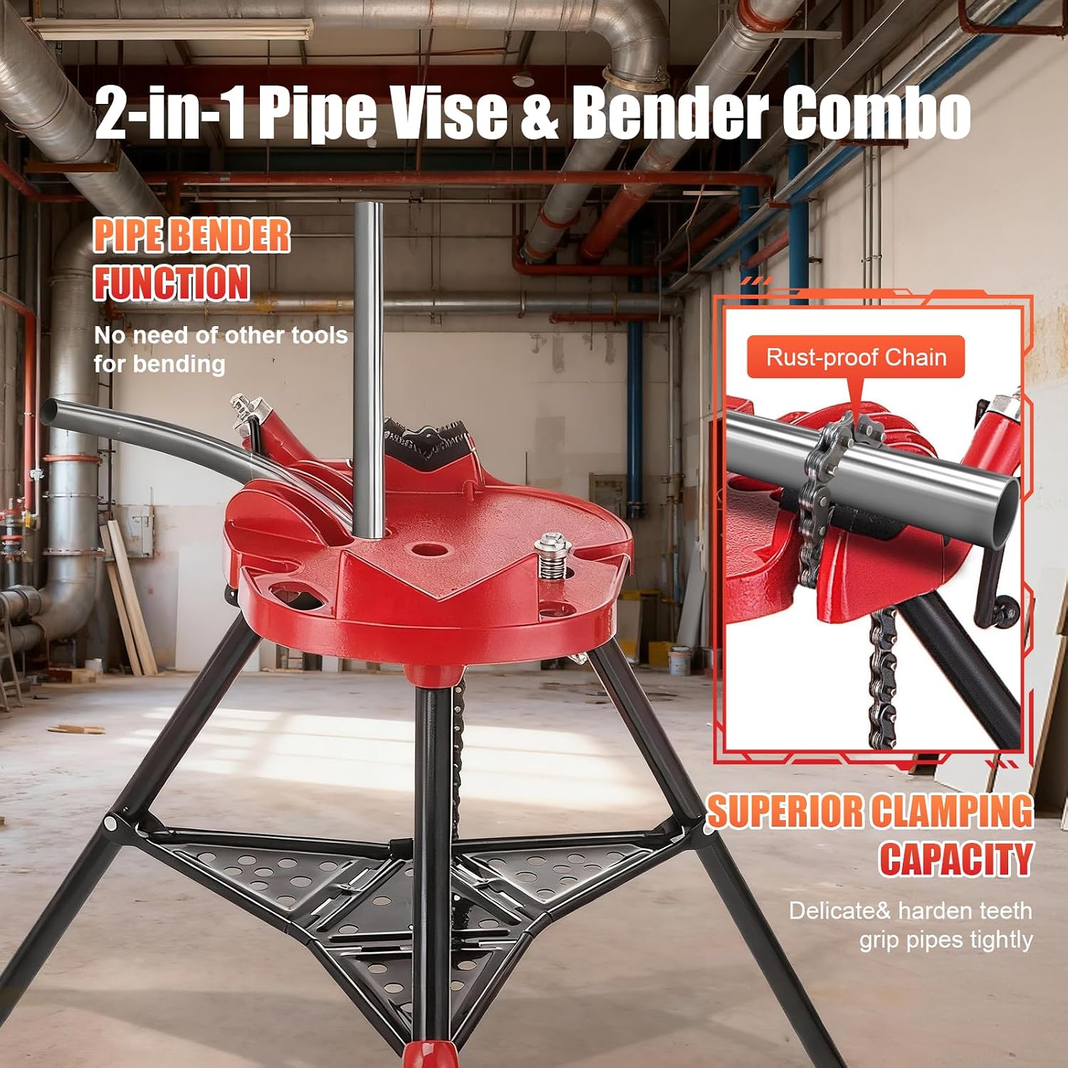Tripod Pipe Vise Stand, Heavy-Duty 1/8'-6' Capacity, Portable Chain Vise with Tool Tray for Welding & Plumbing