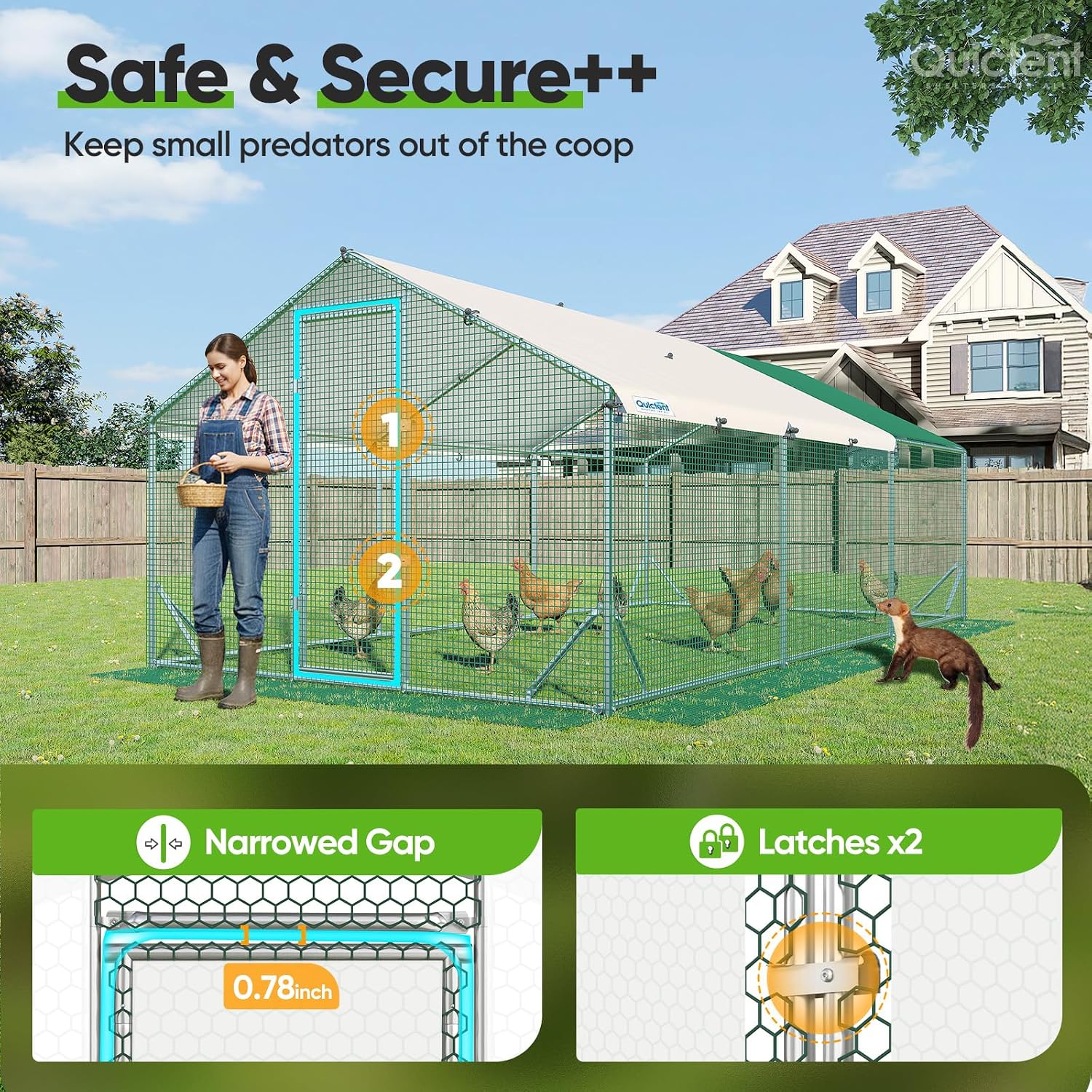 Quictent Large Metal Chicken Coop Run for 30+ Poultry with Side Hardware Cloth & Waterproof Cover, Advanced Series Outdoor Walk-in Cage Hen Duck Rabbit Dog Pen Yard Farm House, 18x9x6.6FT