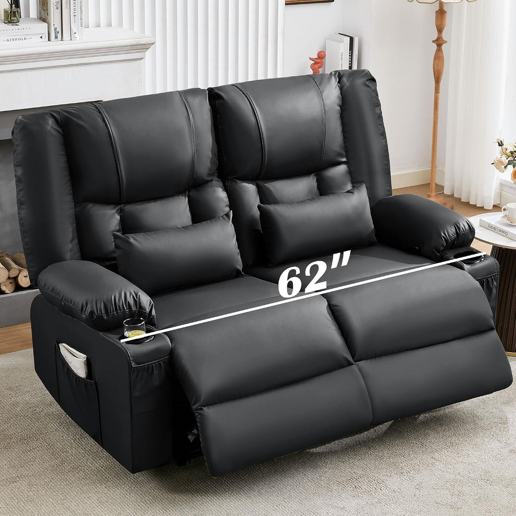 Black Leather Loveseat Recliner with Massage/Heat, Oversized Recliner Couch & Reclining Loveseat with Cup Holders/Pillow, Manual Reclining Sofa For Living Room/Rv/Home Theater Seating (Black)