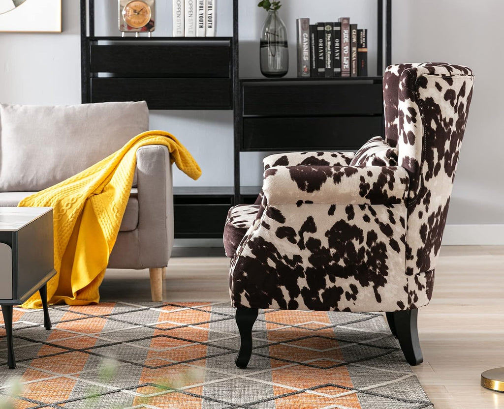 Kmax Cow Print Accent Chair Velvet Wingback Chair with Pillow Nail-Head Channel Tufted Oversized Club Chair for Living Room Bedroom Guest Room