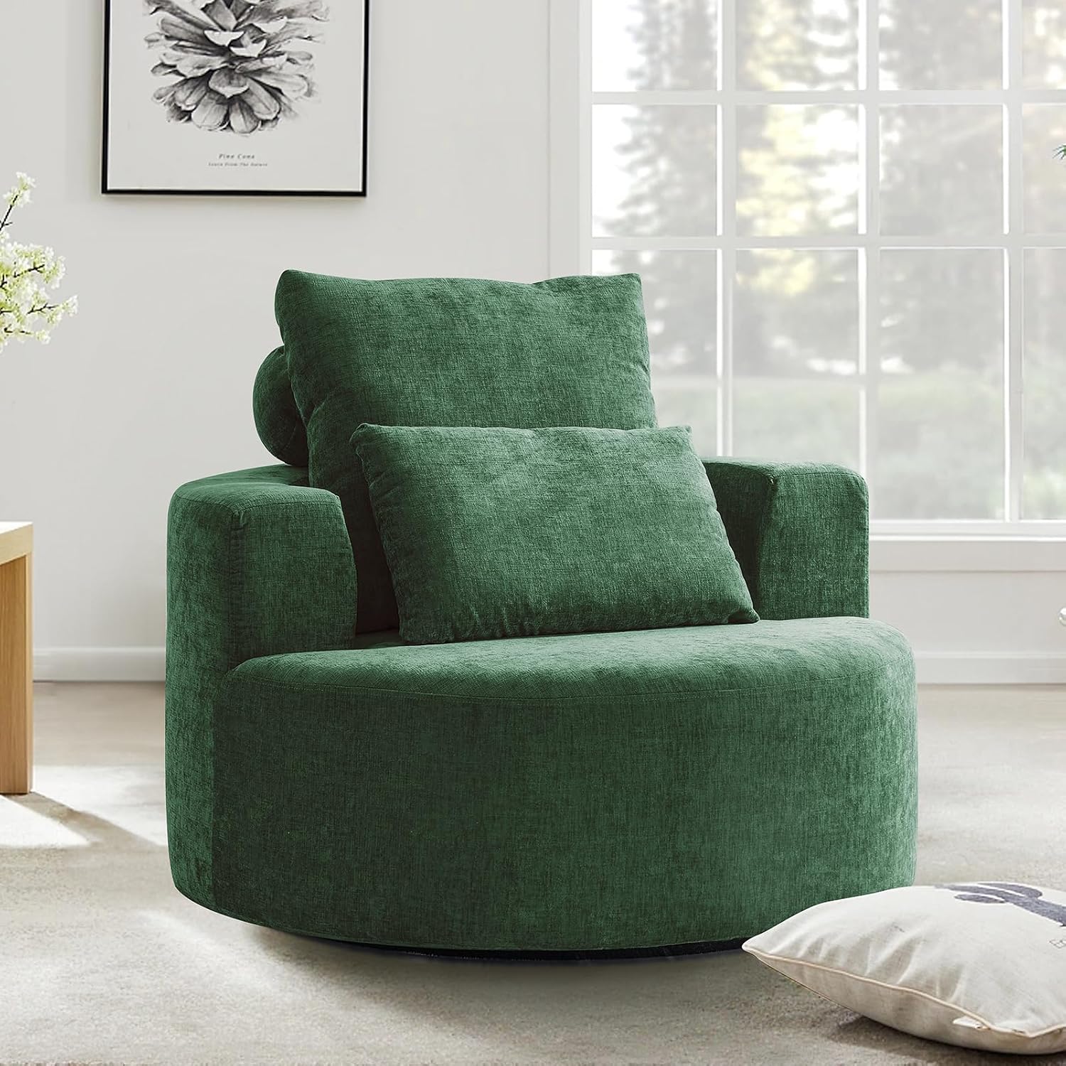 Furnimart Oversized Barrel Accent Chair, 360° Swivel Round Upholstered Sofa, Chenille High-Resilience Sponge, No Assembly Wide Seat for Living Room, Bedroom, Apartment (Green)