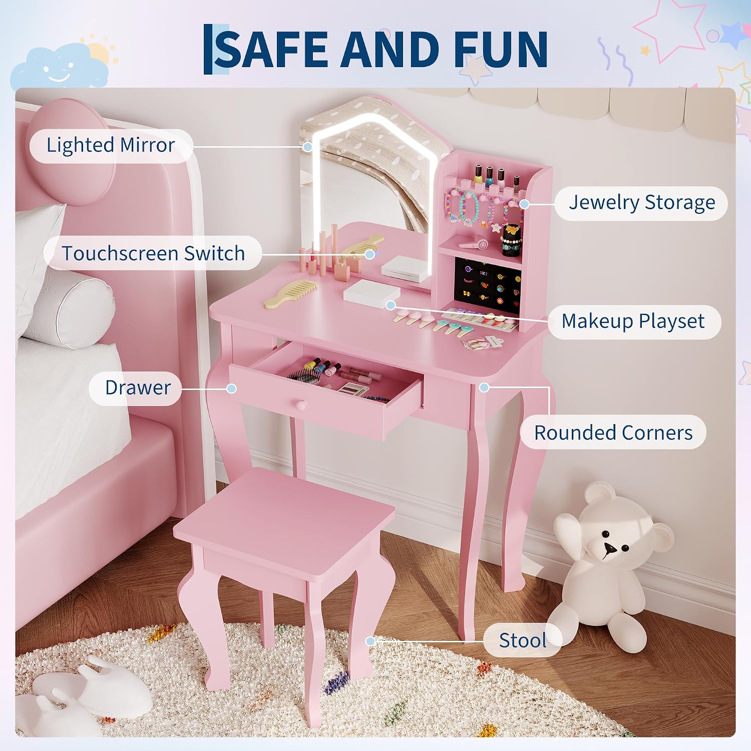 GarveeHome Kids Vanity with Lighted Mirror, Toddler Vanity Table and Chair Set, Girls Makeup Playset, Pink