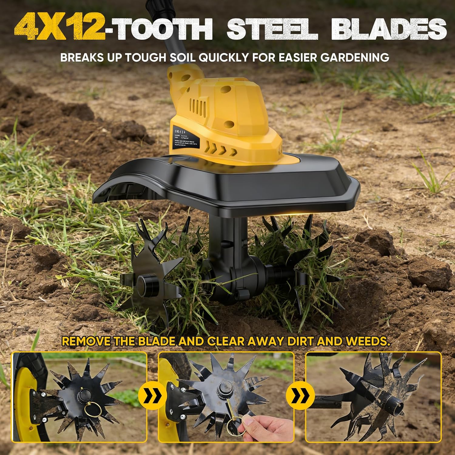 Cordless Tiller Cultivator, 400RPM Electric Rototiller with 2×4.0Ah Battery & Charger, 9' Width 8.3' Depth, Adjustable Foldable Garden Tiller with LED Power Display for Gardening/Soil Cultivation