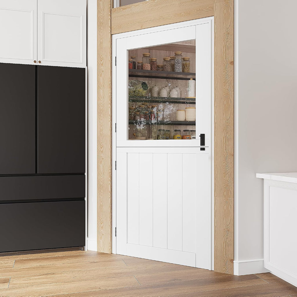 36'x 80' Pantry Door, Pre-Assembled Dutch Door Slab, French Interior White Solid Wood Core with Clear Glass Panel, 4 Hinges & Latch Included, Pocket Barn Doors for Living Room, Closet & Back Porch