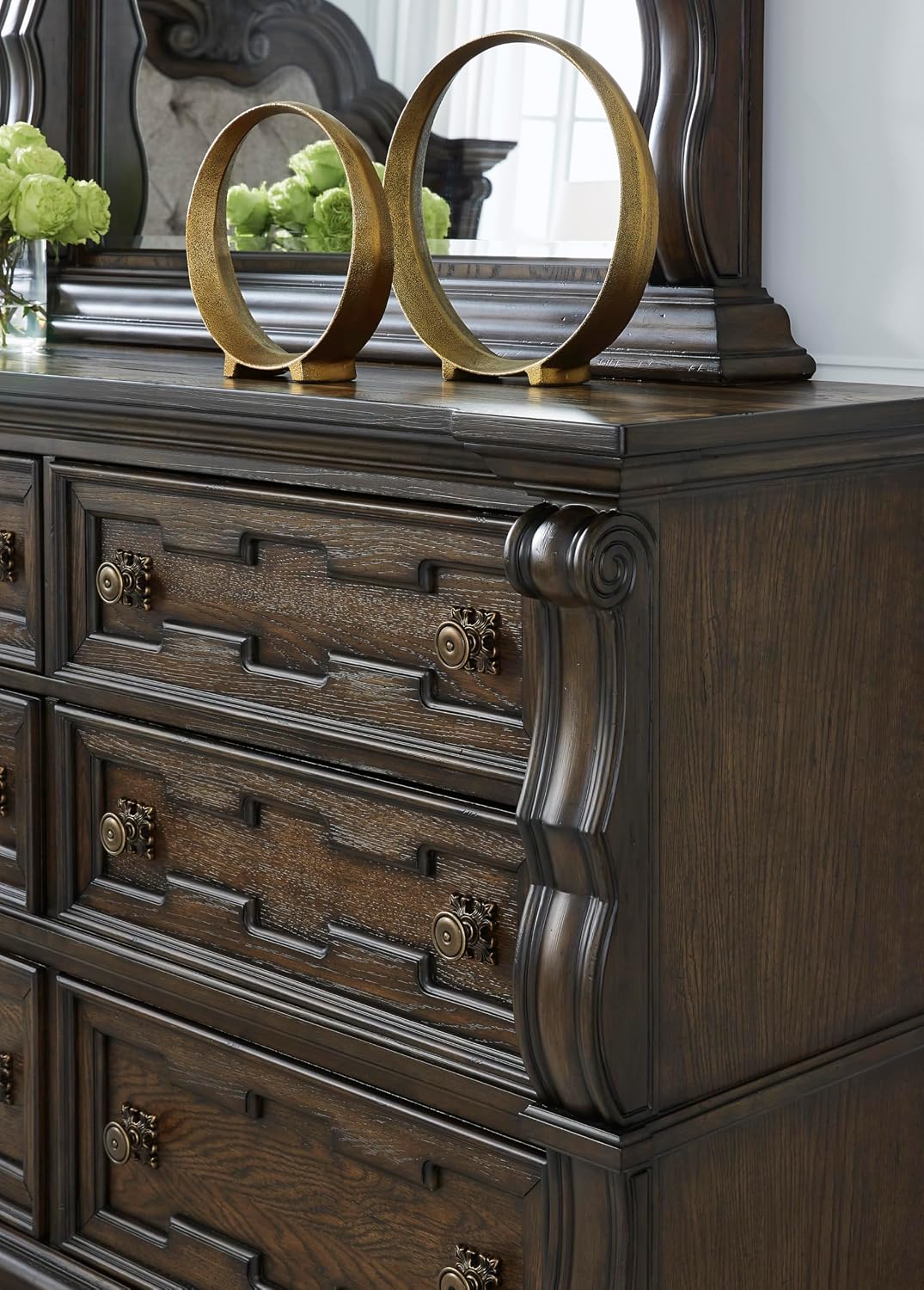 Signature Design by Ashley Maylee 6 Drawer Traditional Dresser with Mirror, Bedroom Chest of Drawers, Hardwood Solids, Oak & Ash Swirl Veneers, MDF Substrates, Cast Resin, Dark Brown