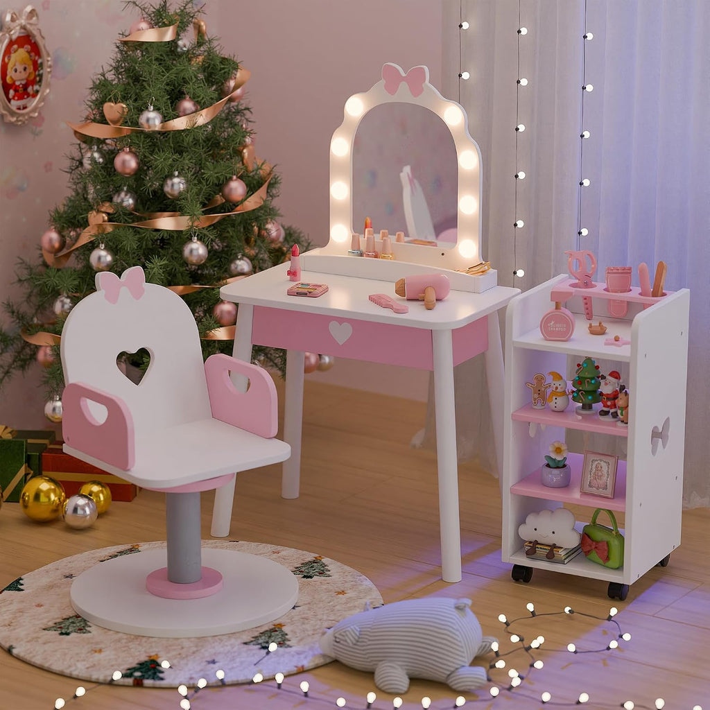 Kids Vanity Set with Light and Barber Chair, White Pink Makeup Dressing Vanity Table with Storage Shelf and Hair Salon Play Set 7 pcs Accessories, Pretend Play Vanity Set for Toddler Girls