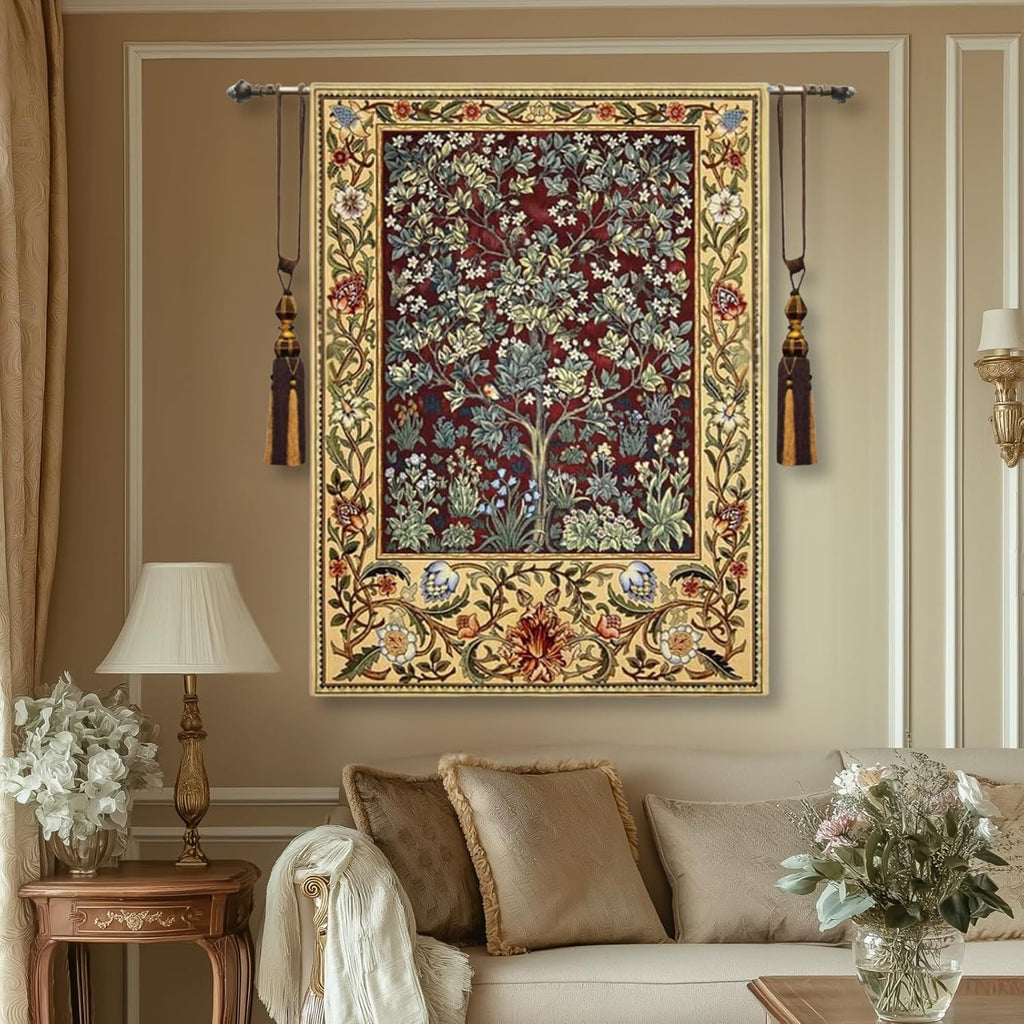 ORIMONY William Morris Tree of Life Tapestry Wall Hanging, Medieval Vintage Woven Jacquard Tapestry for Room Aesthetic (Retro, Red, 35L x 27W)