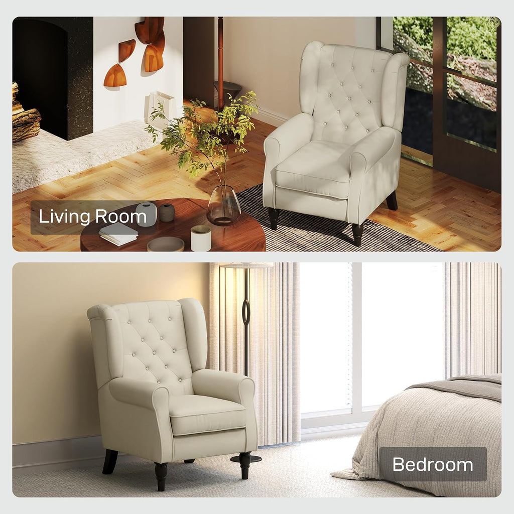 HOMCOM Mid-Century Modern Accent Chair, High Wingback Reading Chair, Button-Tufted Upholstered Fabric Armchair with Retro Wood Legs for Apartment, Living Room, Bedroom, Cream White