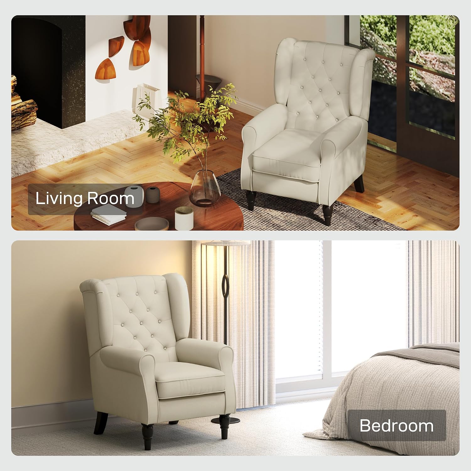 HOMCOM Mid-Century Modern Accent Chair, High Wingback Reading Chair, Button-Tufted Upholstered Fabric Armchair with Retro Wood Legs for Apartment, Living Room, Bedroom, Cream White