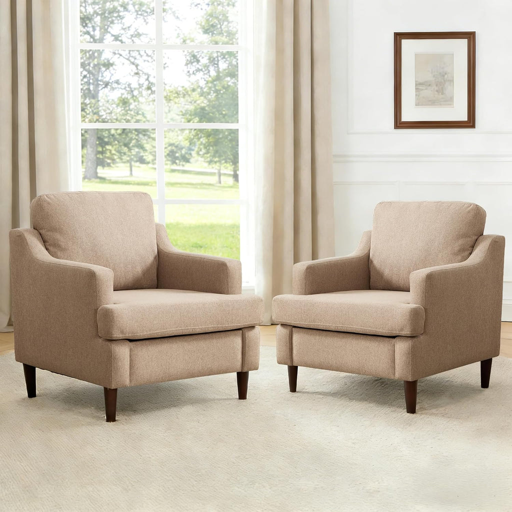 Ketaiyou Mid-Century Accent Chair Modern Linen Fabric Armchair for Living Room,Comfy Upholstered Reading Chairs for Bedroom,Single Sofa Chair with Wood Legs (Khaki, Set of 2)