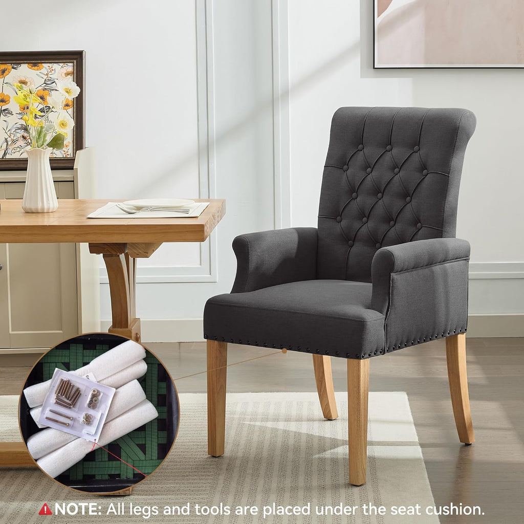 WUTUTUEE Fabric Dining Chair with Arms, Upholstered Tufted High Back Dining Room Chairs, Accent Armchair with Solid Wood Leg and Nailhead Trim, Kitchen Dining Living Room, Dark Grey