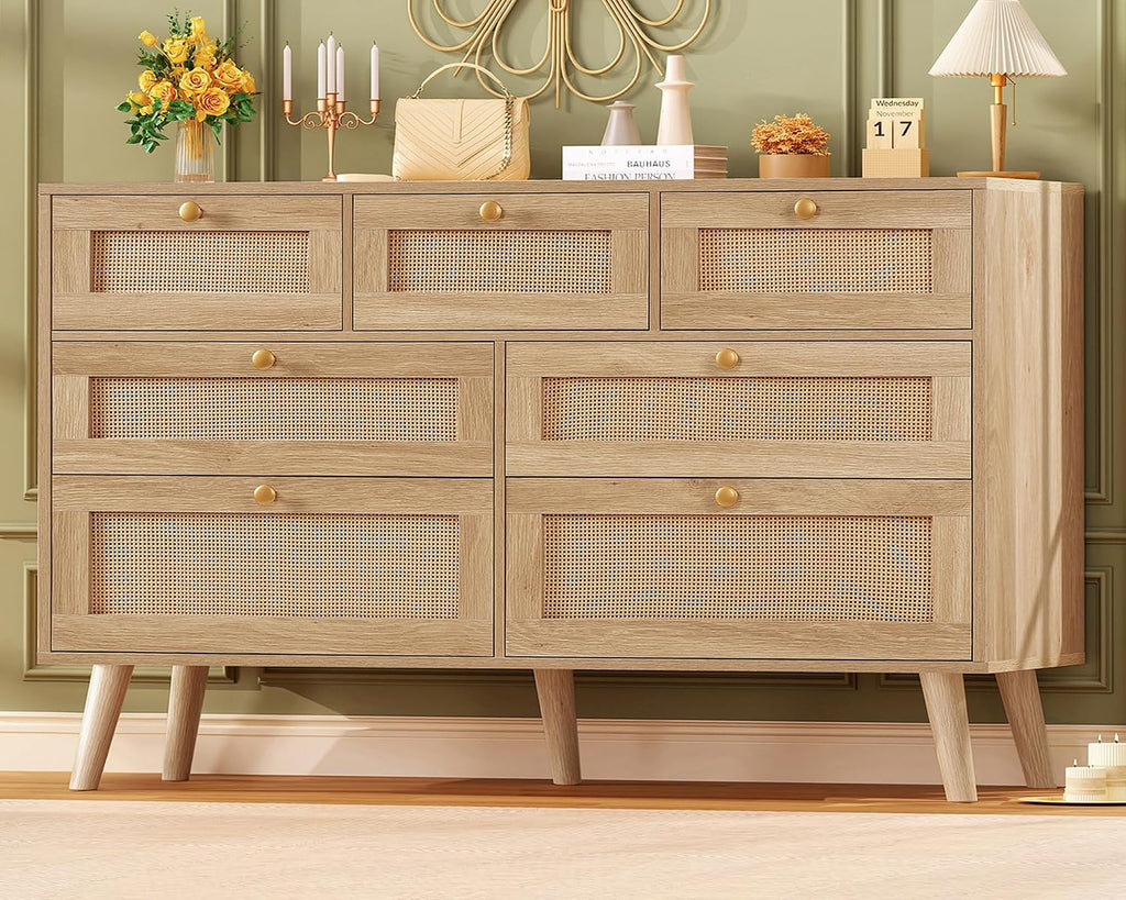 TEENFON Dresser for Bedroom, 47.2''Wide 7 Drawer Rattan Dresser, Wood Dressers TV Stand, Boho Dressers & Chests of Drawers for Bedroom, Entryway, Natural
