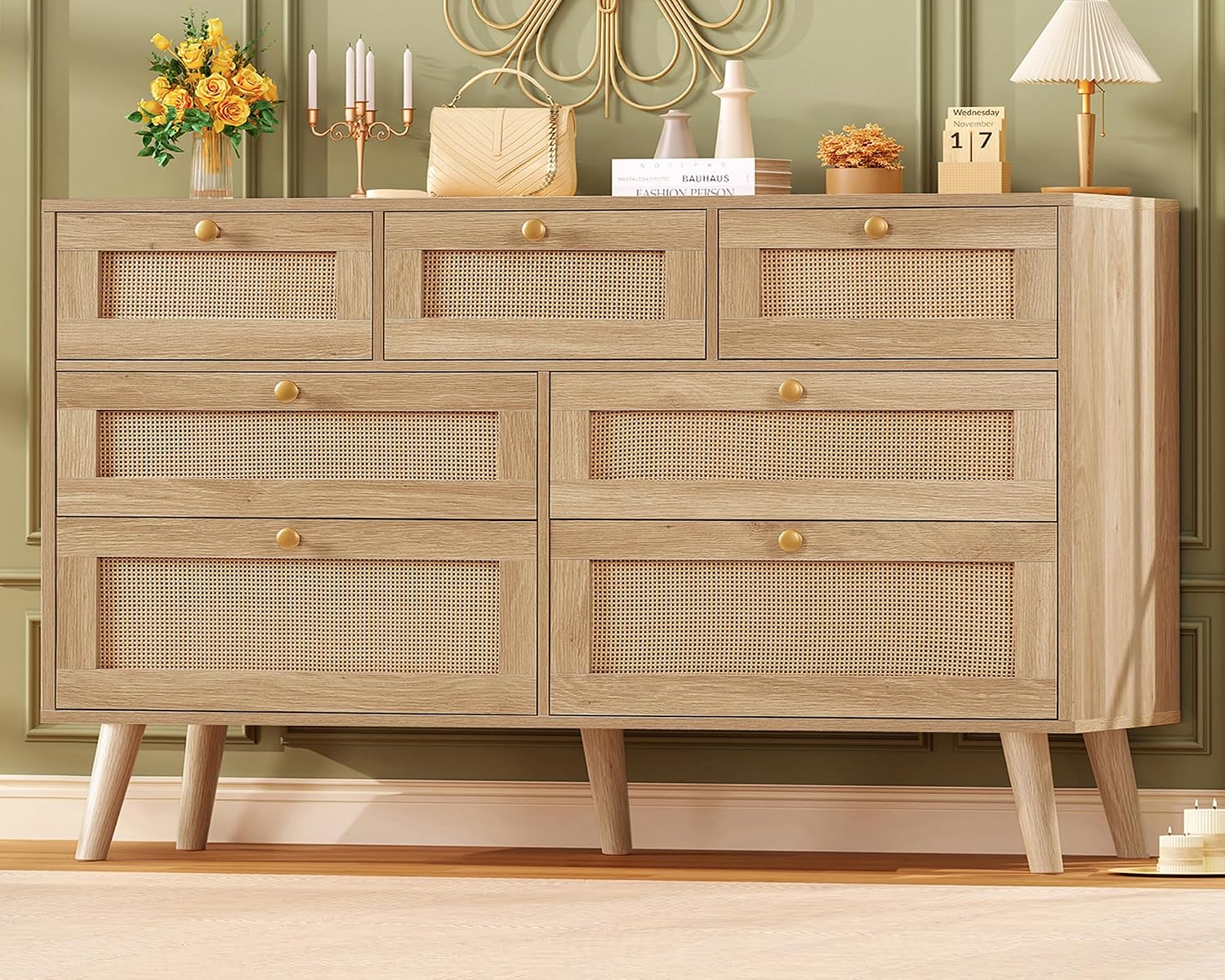 TEENFON Dresser for Bedroom, 47.2''Wide 7 Drawer Rattan Dresser, Wood Dressers TV Stand, Boho Dressers & Chests of Drawers for Bedroom, Entryway, Natural