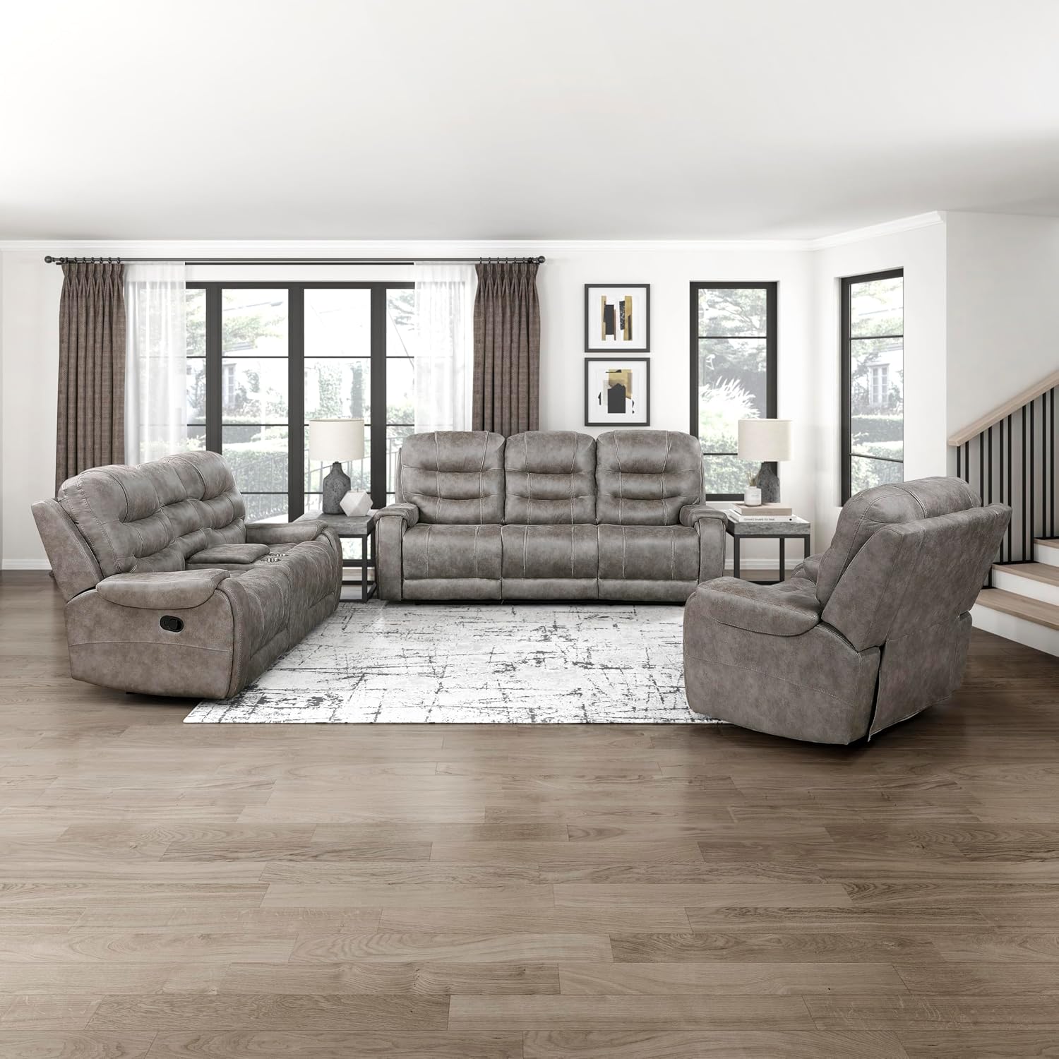 Lexicon Living Room Furniture Sets Including Microfiber Recliner Sofa, Loveseat and Recliner Chair, Manual Wall Hugger Recliner Home Theater Seating, Double Recliner RV Couch, Grayish Brown