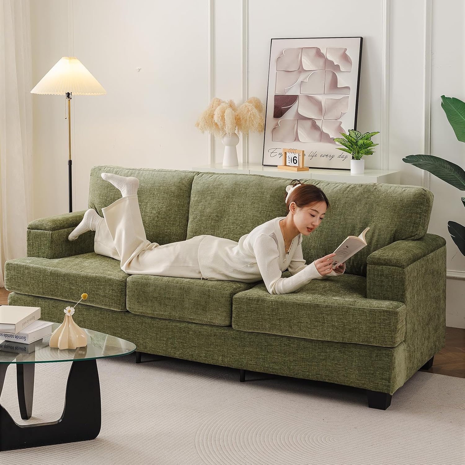 85'' L Shaped Couch with Armrest Organizer,3 Seats Sofas with Movable Ottoman,Comfy Sectional Sofa with Thick Cushion,Chenille Sectional Couches for Living Room,Bedroom,Apartment,Home Furniture,Green