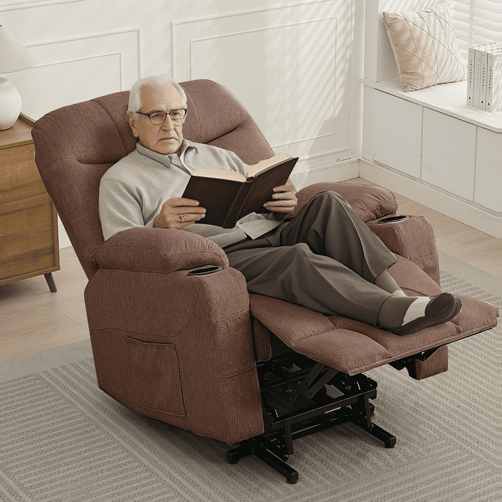 Korser Power Recliner Chair with Massage and Heating, Power Lift Recliner Chair for Elderly and Adults, Electric Recliner with Remote Control and Cup Holders for Living Room, Linen Fabric, Brown