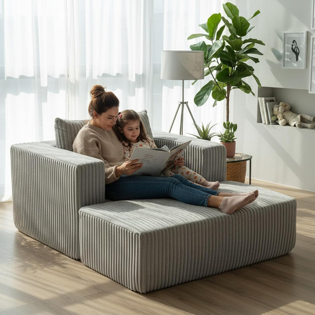 GDFStudio Full-Foam Boneless Sofa with Ottoman, Compressed Cloud Sofa Bed Single Chaise Lounger Small Couches for Small Spaces Bedroom Living Room, Modern Couch Recliner Corduroy Furniture, Smoke Grey