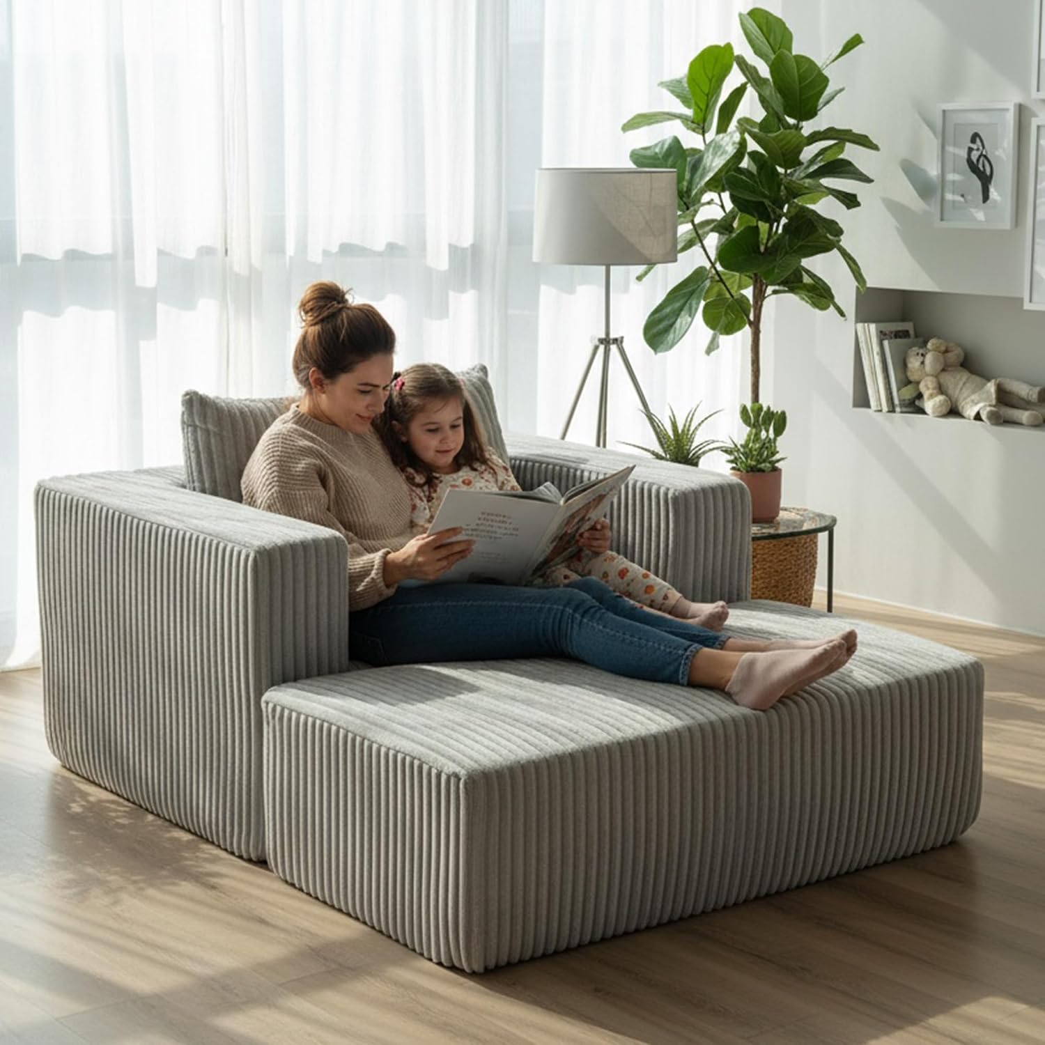 GDFStudio Full-Foam Boneless Sofa with Ottoman, Compressed Cloud Sofa Bed Single Chaise Lounger Small Couches for Small Spaces Bedroom Living Room, Modern Couch Recliner Corduroy Furniture, Smoke Grey