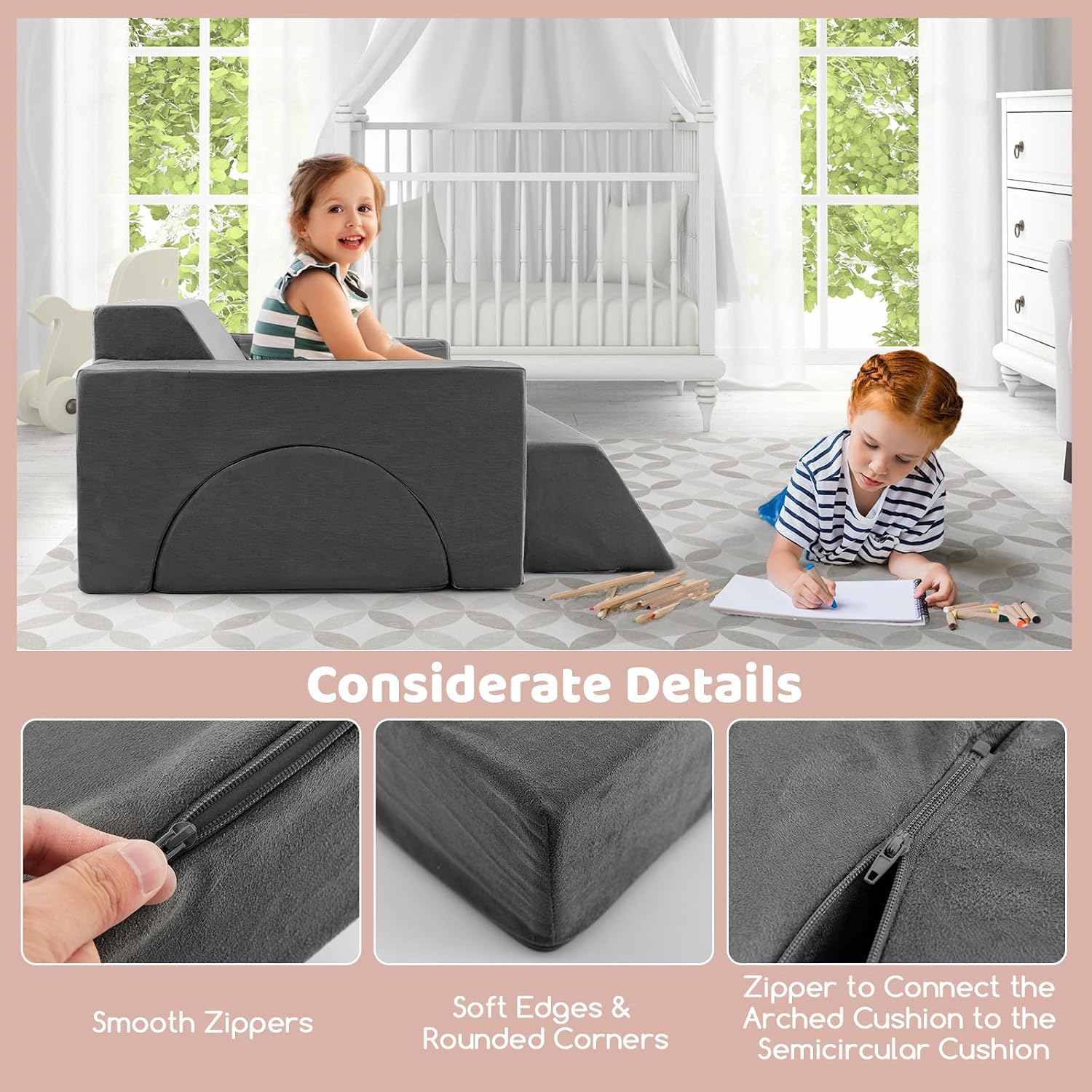 Costzon Convertible Toddler Couch, 8PCS Kids Modular Play Sofa w/Detachable Cover for Playroom, Creative Couch for Playing, Creating & Sleeping, Imaginative Furniture for Girls & Boys (Gray)