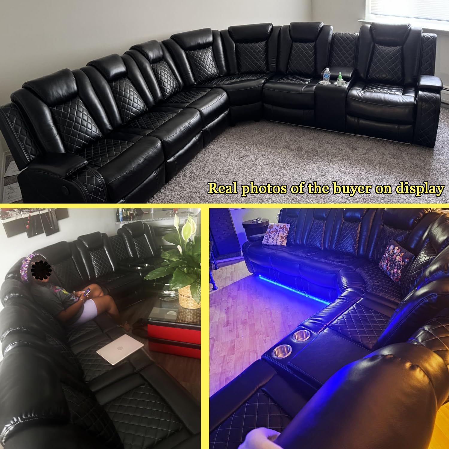 A Ainehome Power Recliner Set, Leather Sectional Sofa Set for Living Room, Home Theater, with LED Lights, Cup Holder, Hide-Away Storage, Wireless Charging(A-Black)