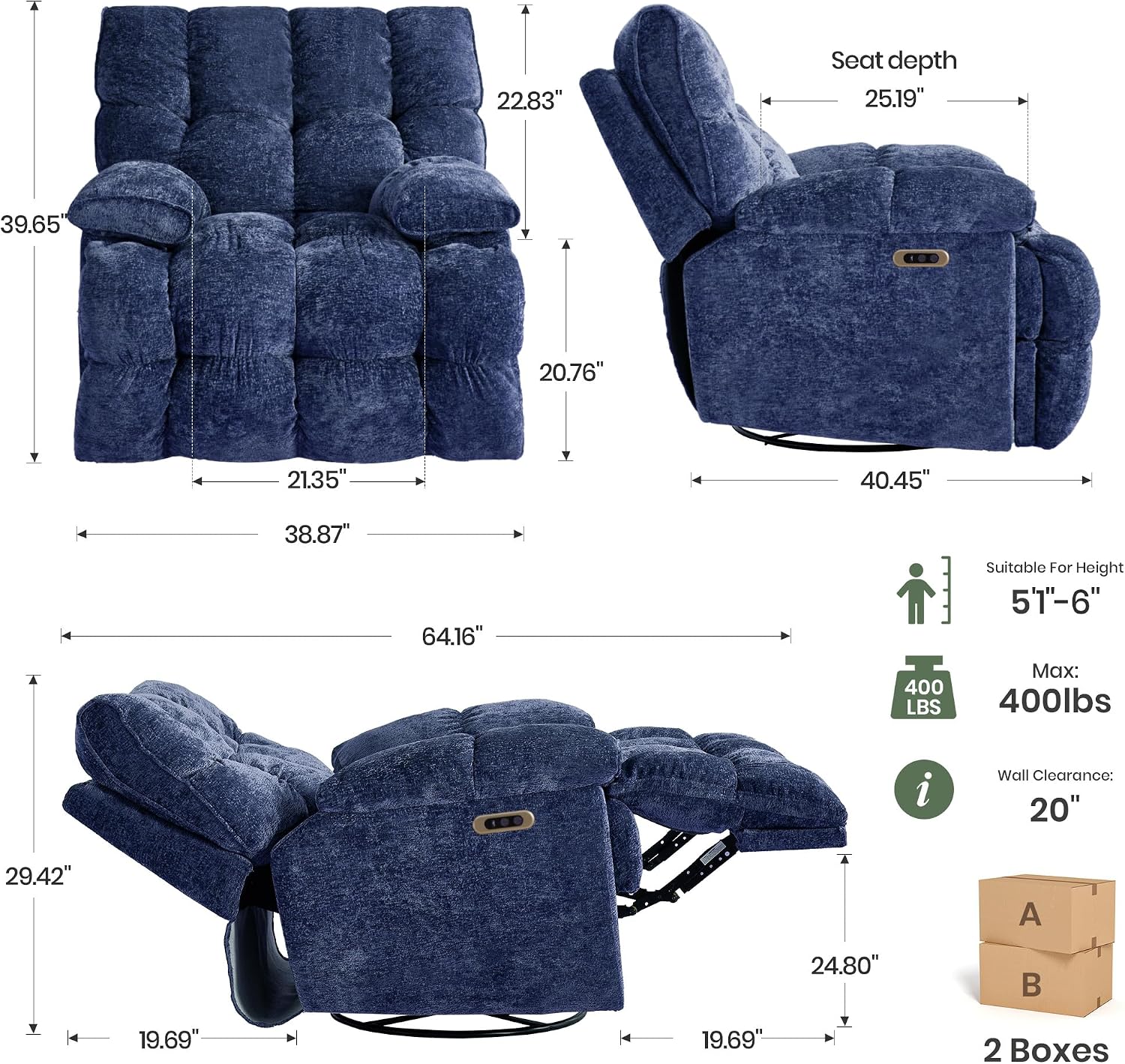 Rocker Recliner Chair 42' Power Swivel Recliner for Living Room Overstuffed Extra Wide Rocking Recliners with Breathable Soft Fabric Up to 400lbs(Eletric Blue)