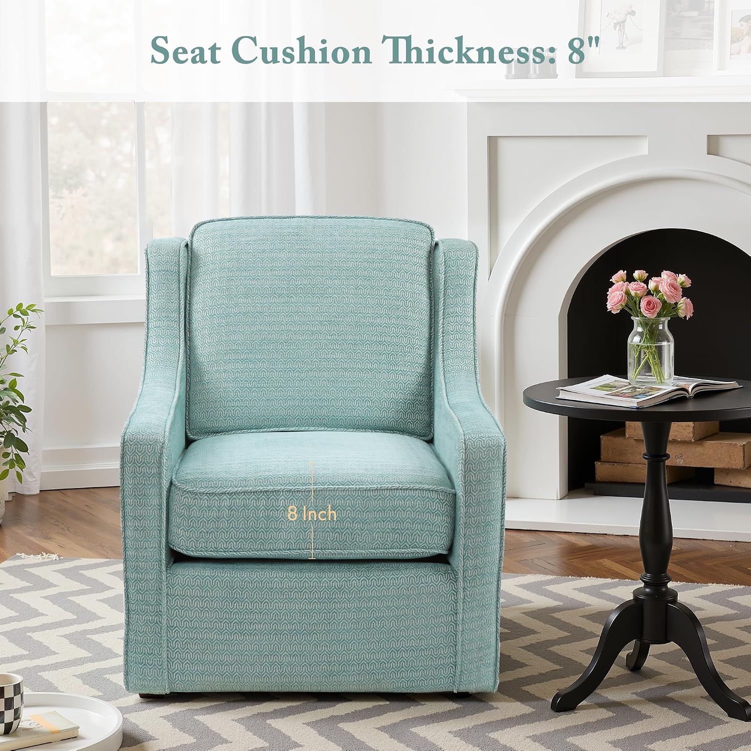 Madison Park Harris Swivel Chair - Solid Wood, Plywood, Metal Base Accent Armchair Modern Classic Style Family Room Sofa Furniture, 28.5' Wide, Dusty Aqua