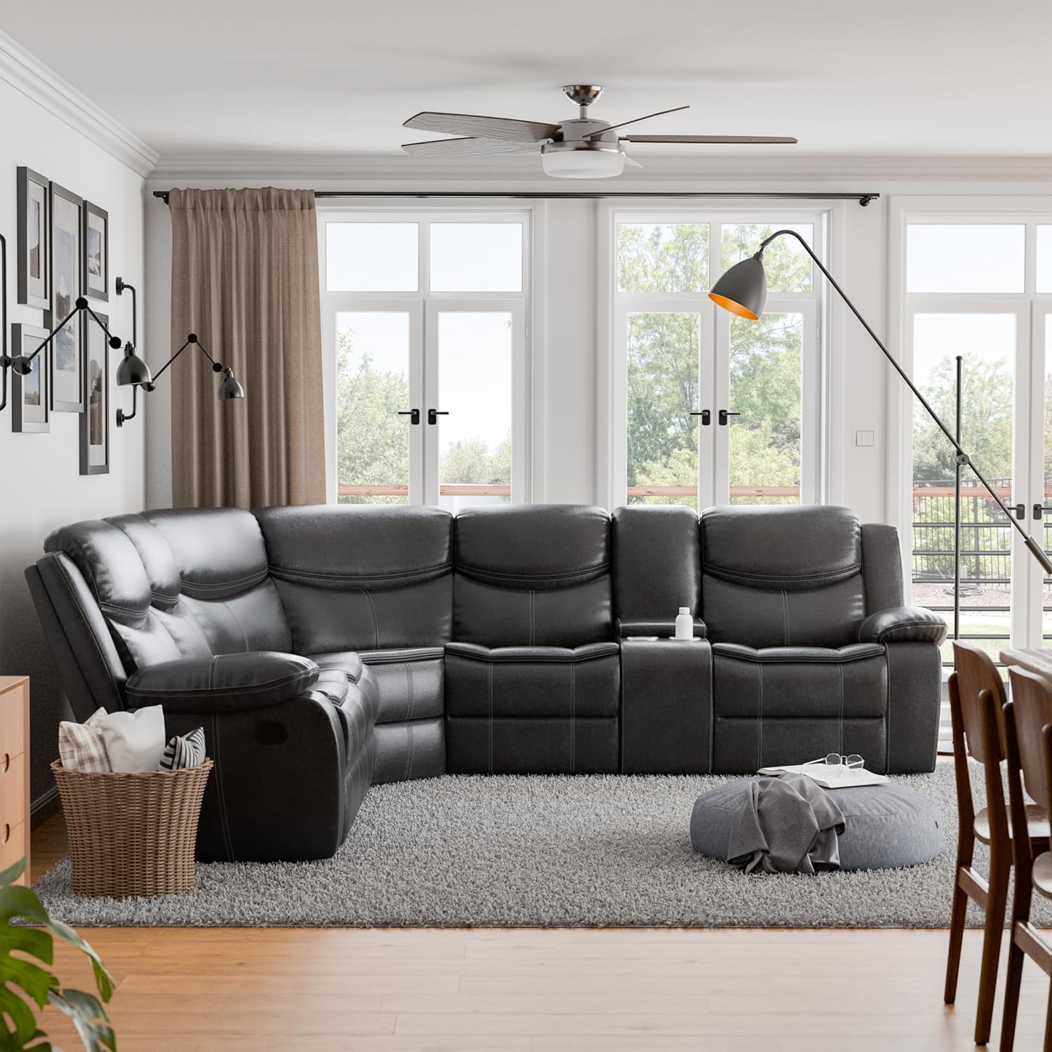 24/7 Shop at Home Amadeo Transitional Breathable Faux Leather L-Shaped Reclining Sofa with Storage Console and Cup Holder, Sectional Couches for Living Room, Home Theater, Playroom, Dark Gray
