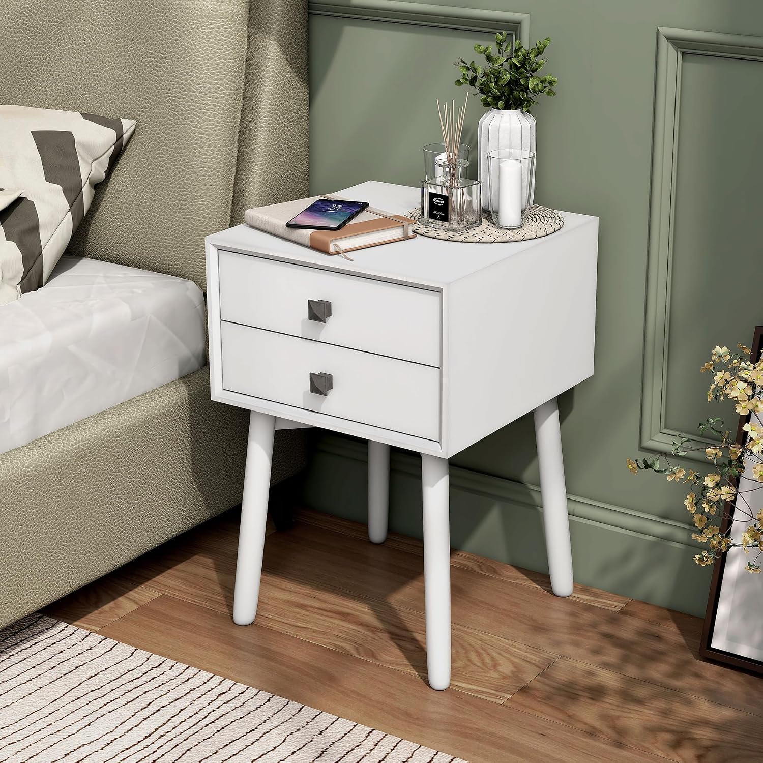 24/7 Shop at Home Goerge Mid-Century Modern Nightstand, Solid Rubber Wood Dresser, Small Bedside Tables with 2 Drawers, with Tapered Legs for Bedroom, Living Room, Home Office, White
