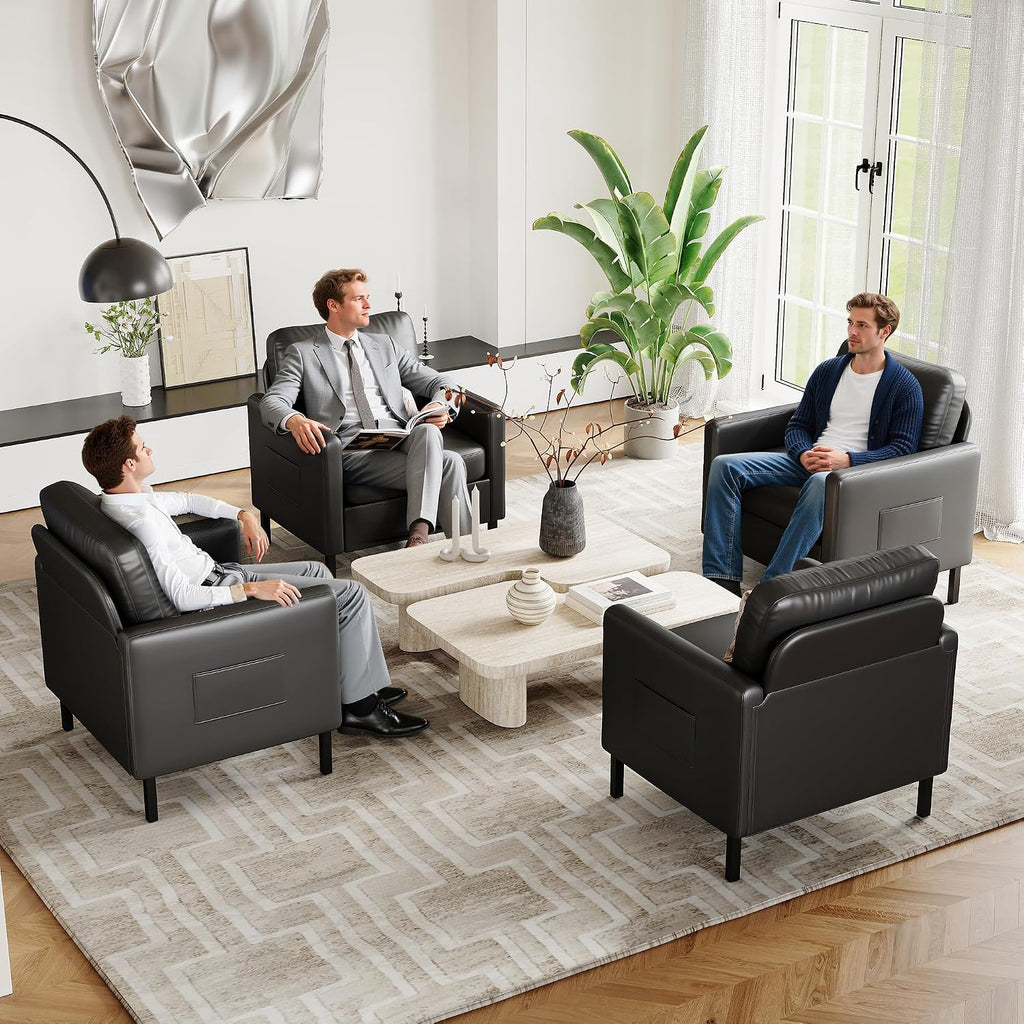 STHOUYN Black Faux Leather Accent Chair with Arms, Modern Small Accent Office Chair, Waiting Room Chairs for Living Room Bedroom with Metal Legs (1, Black)