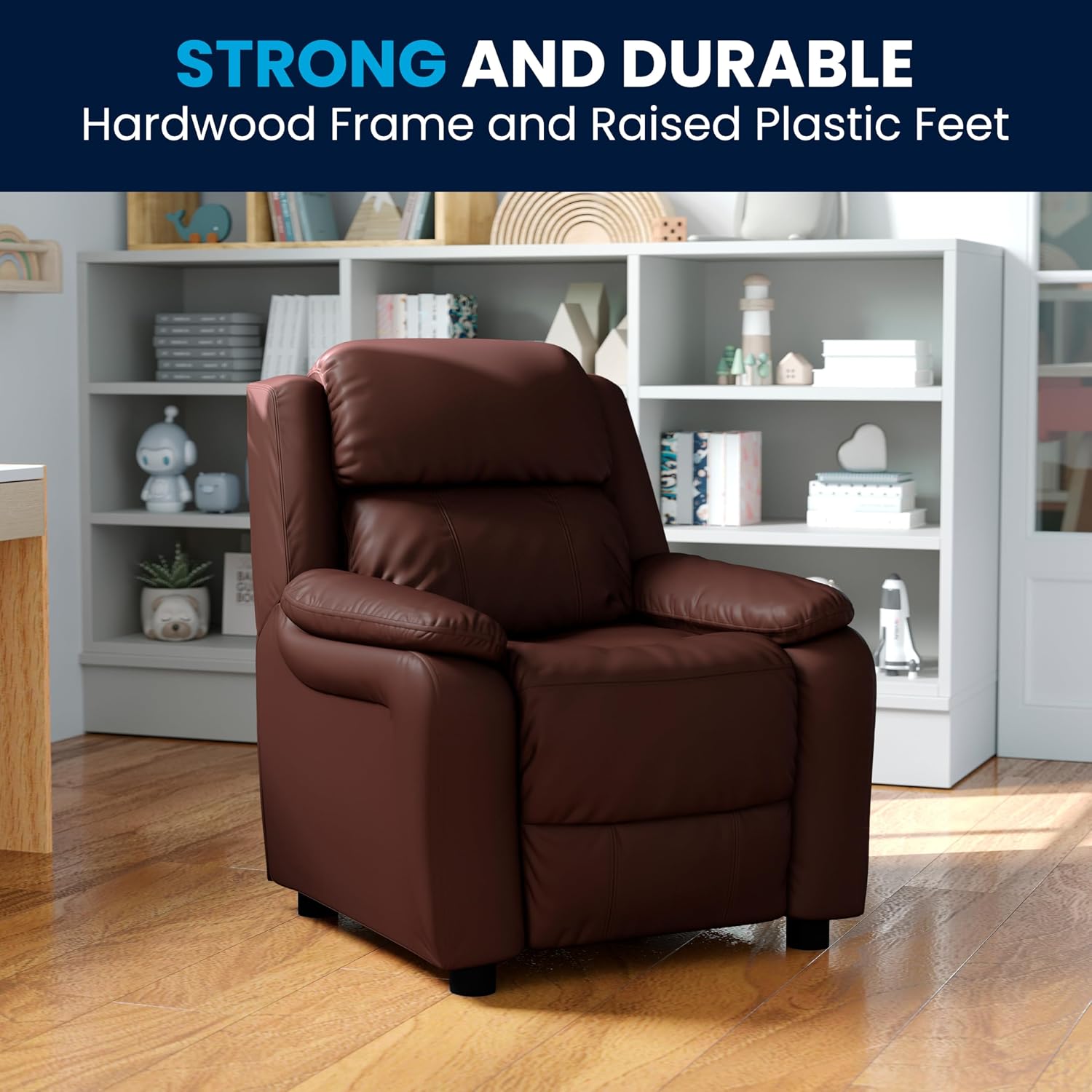 Flash Furniture Charlie LeatherSoft Kids Recliner with Flip-Up Storage Arms and Safety Recline, Contemporary Reclining Chair for Kids, Supports up to 90 lbs., Brown