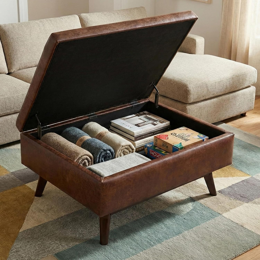 SIMPLIHOME Owen Coffee Table Storage Ottoman - 34' Wide x 19' High Upholstered Vegan Leather Rectangular Lift-Top Ottoman in Distressed Saddle Brown, Mid-Century Modern Bench with Tapered Legs