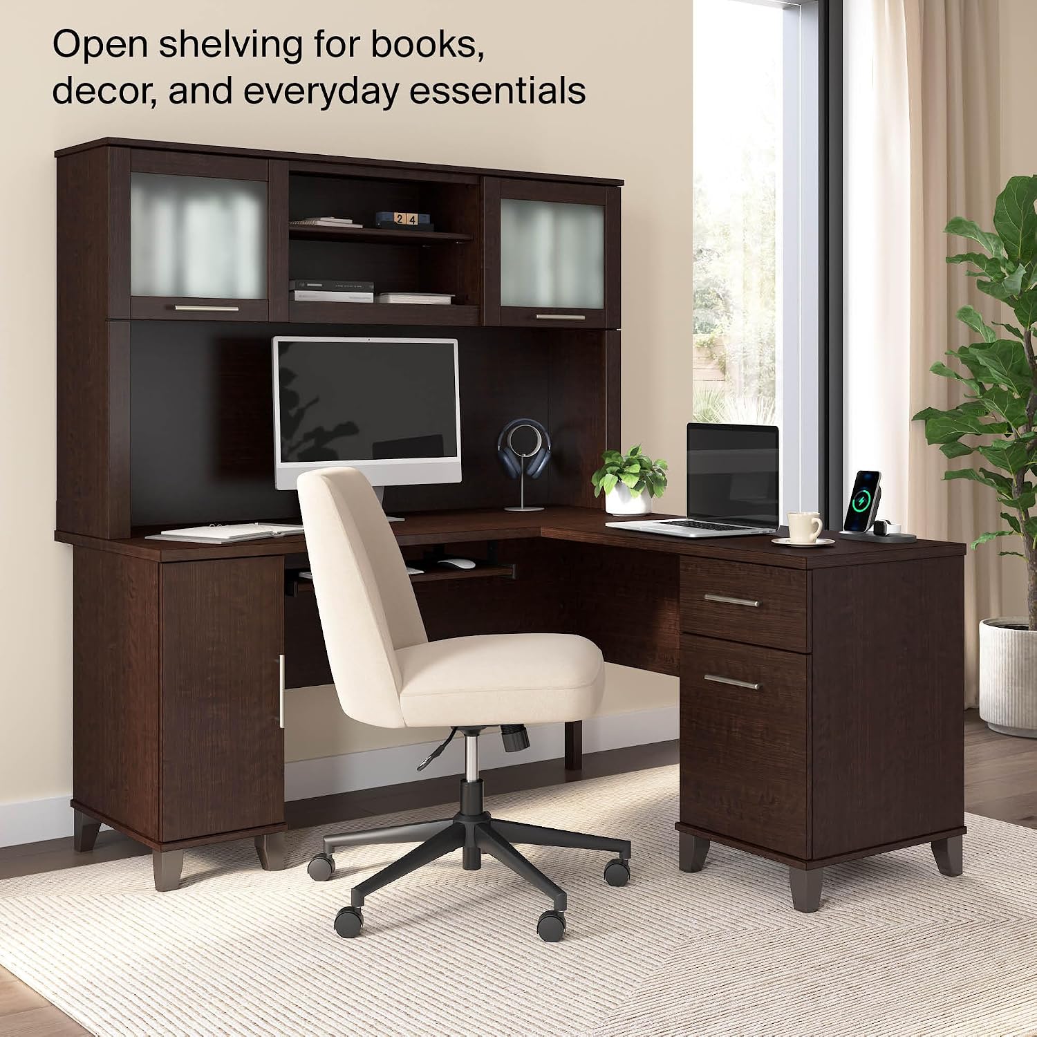 Bush Home 60-Inch Desk Hutch, Office Storage Organizer with Shelves, Cubbies and Frosted Glass Doors for Computer Desk, Home Office Furniture, Somerset Collection, Mocha Cherry