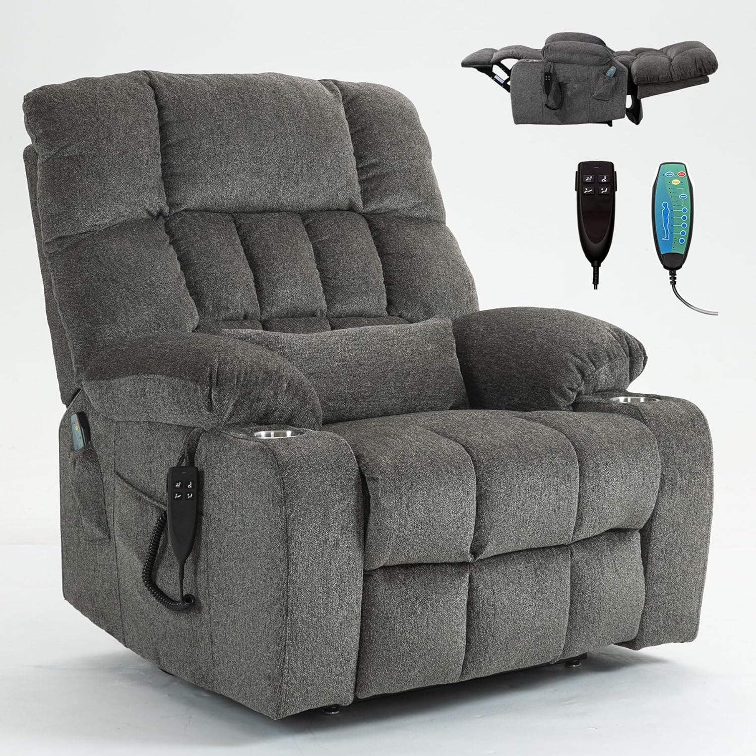 Oversized Power Recliner Chair for Big and Tall 400 LBS, 25.5' Extra Wide Electric Lift Chair with Heat and Massage, Dual Motor 180° Lay Flat Recliner Living Room Sofa, Chenille Big Lift Chair