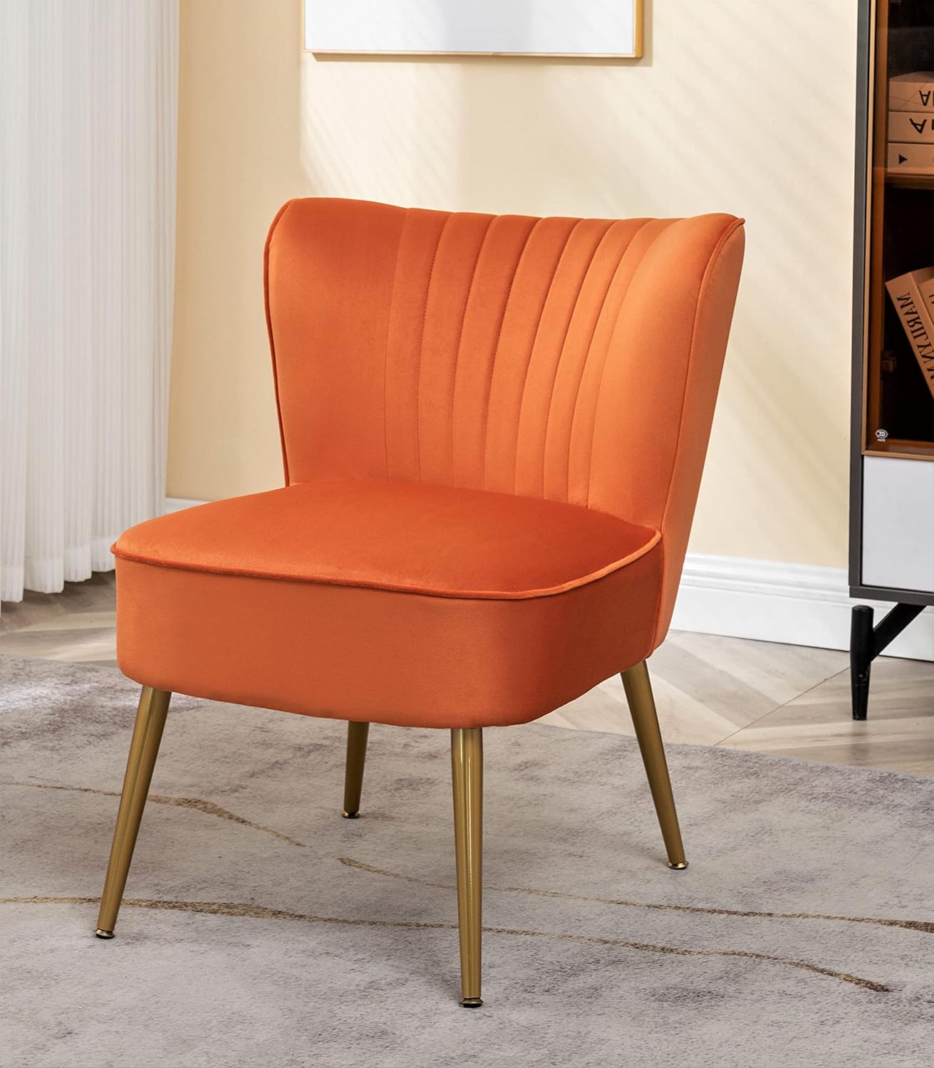 Container Furniture Direct Modern Velvet Accent Chair for Living Room, Bedroom, or Entryway, Stylish and Comfortable Armless Design with Metal Legs, Orange Red