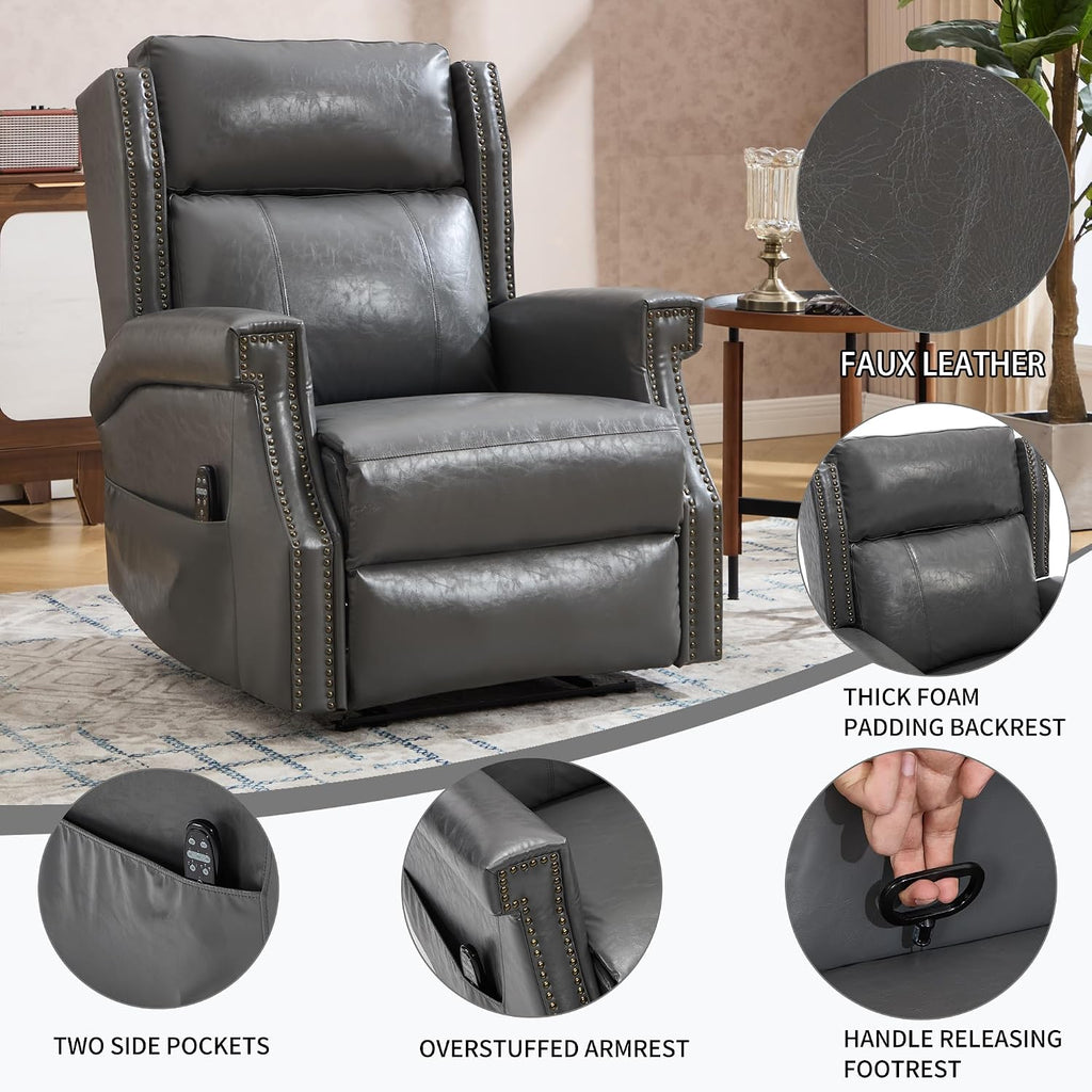 KEIKI Mid Century Modern Oversized Recliner Accent Chair for Adults, Manual Leather Recliner Chair with Back Massager and Heating for Living Room, Comfy Rocking Chairs for Small Spaces, Grey