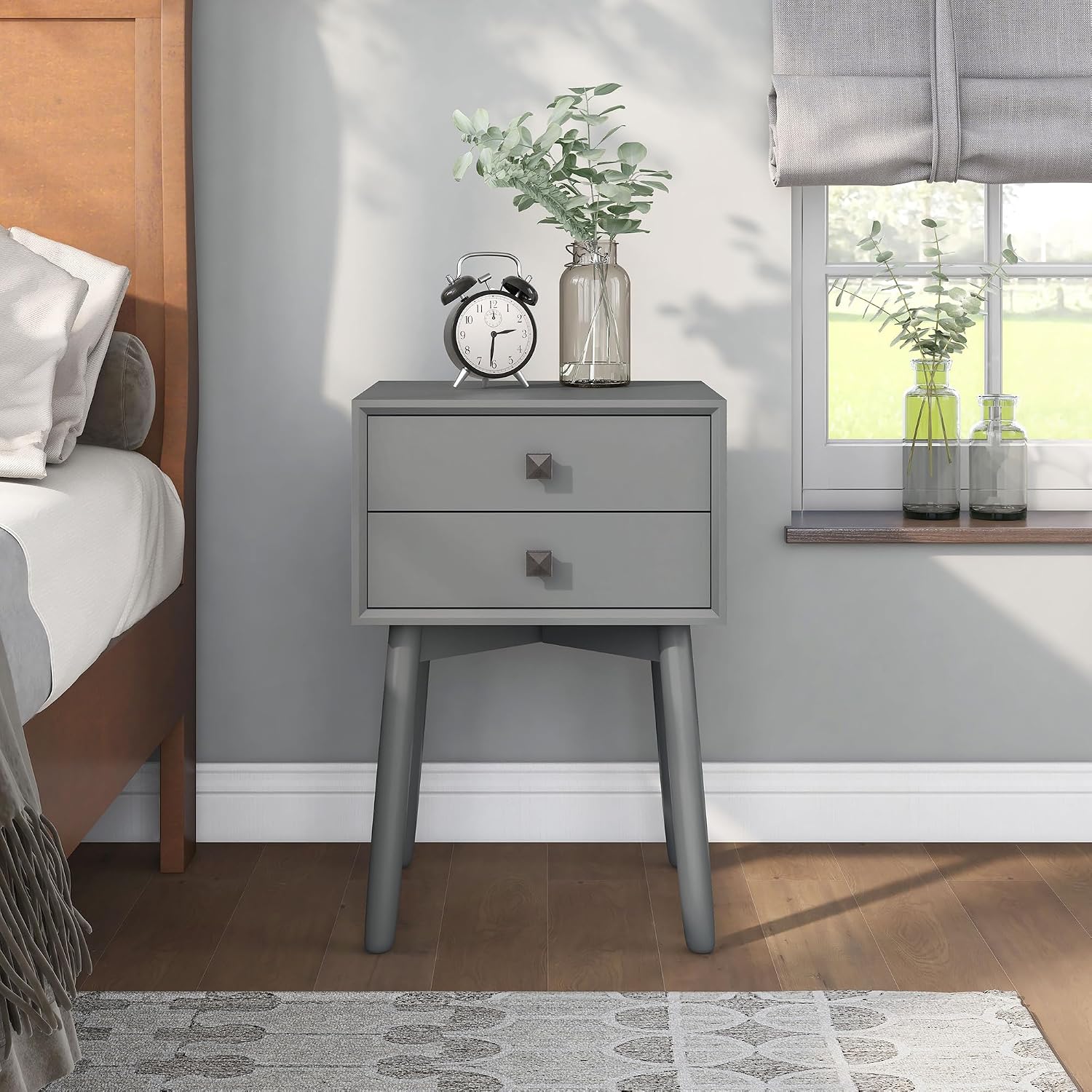 24/7 Shop at Home Goerge Mid-Century Modern Nightstand, Solid Rubber Wood Dresser, Small Bedside Tables with 2 Drawers, with Tapered Legs for Bedroom, Living Room, Home Office, Gray