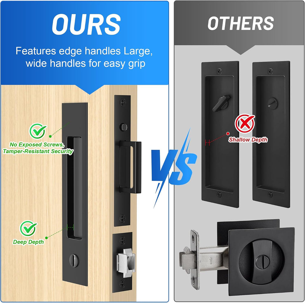 Dontay Pocket Door Handle and Edge Pull, Narrow Modern Rectangular Keyed Entry Function, Recessed Sliding Door Hardware for 1 3/8' to 2 3/16' Thickness Door (Privacy Lock, Matte Black, 2 Pack)