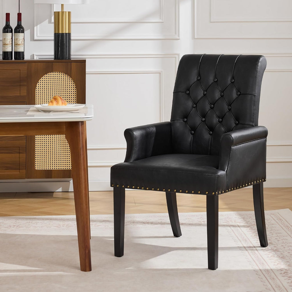 WUTUTUEE PU Leather Dining Chair with Arms, Upholstered Tufted High Back Dining Room Chairs, Accent Armchair with Solid Wood Leg and Nailhead Trim, Kitchen Dining Living Room, Black