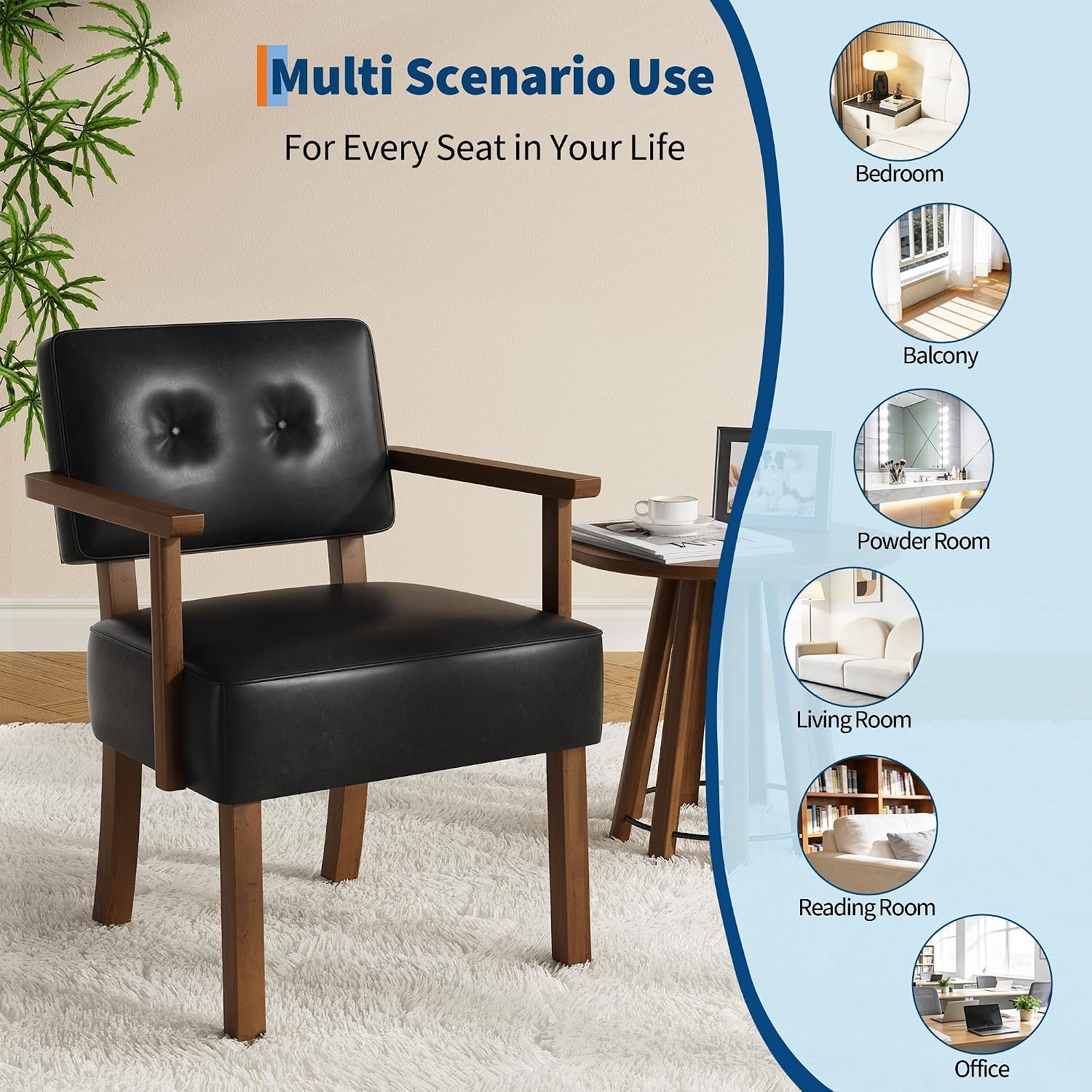 Garvee Accent Chair, Mid-Century Modern Faux Leather Armchair with Wood Frame, Button Tufted Upholstered Reading Chair for Living Room, Bedroom or Balcony, Black