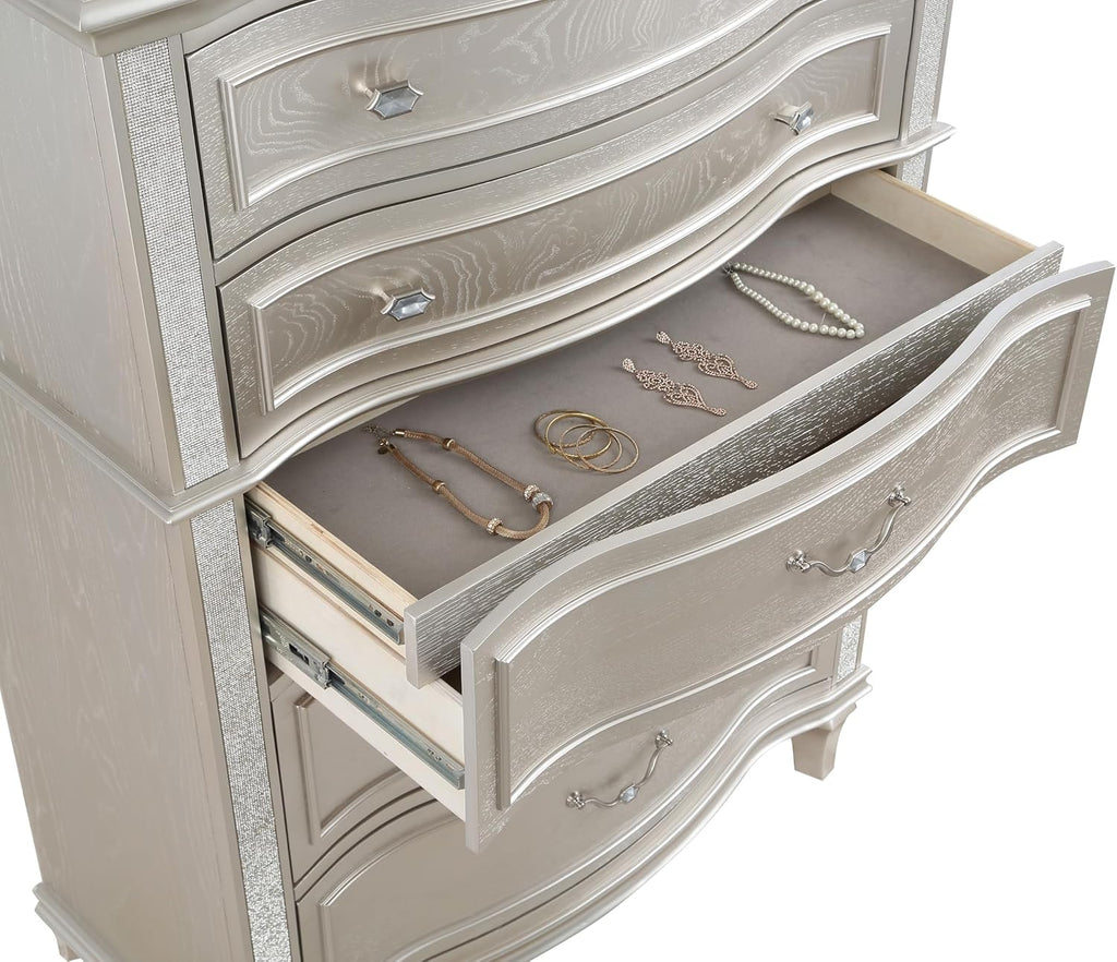 Coaster Home Furnishings - Evangeline - Wood - 6-Drawer Chest with Hexagonal-Shaped Knobs and Felt-Lined Drawer - Bedroom - Modern Classic - Silver Oak - 223395