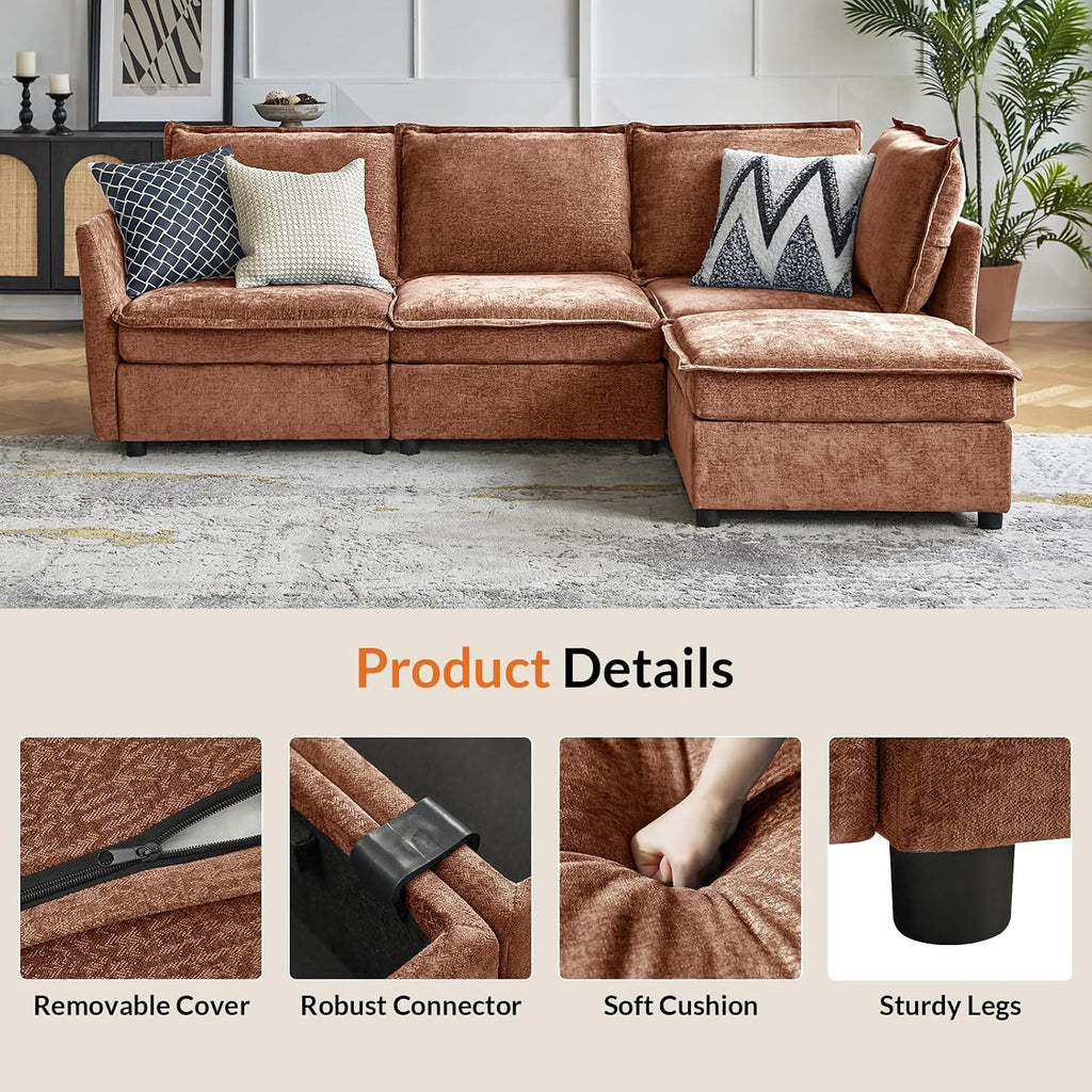 HULALA HOME 97'' Modular Sectional Sofa, L Shaped Couch with Storage Ottoman, Comfy Chenille Sofa with Deep Seat, 4 Seat Convertible Sectional Couches for Living Room, Burnt Orange