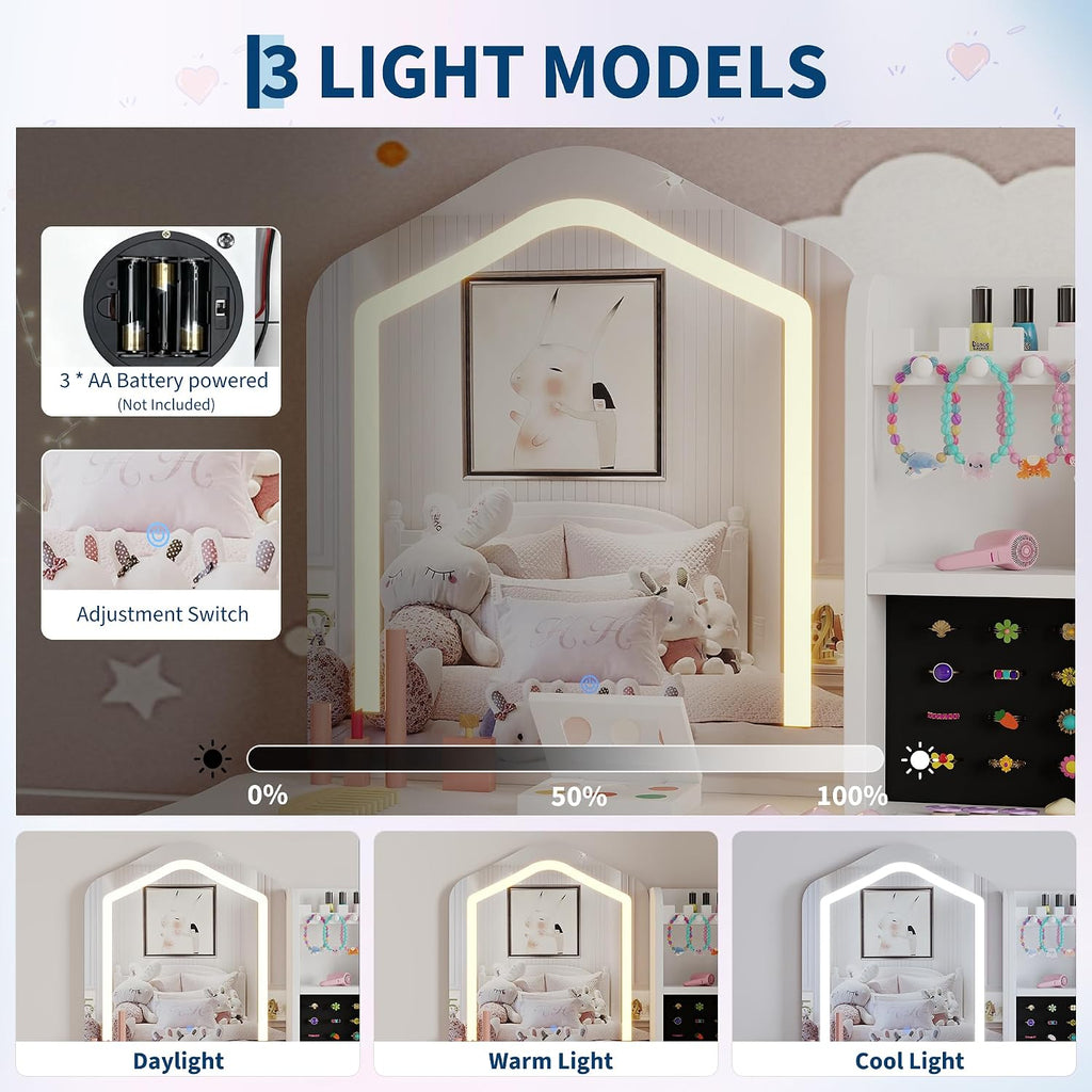 GarveeHome Kids Vanity with Lighted Mirror, Toddler Vanity Table and Chair Set, Girls Makeup Playset, White
