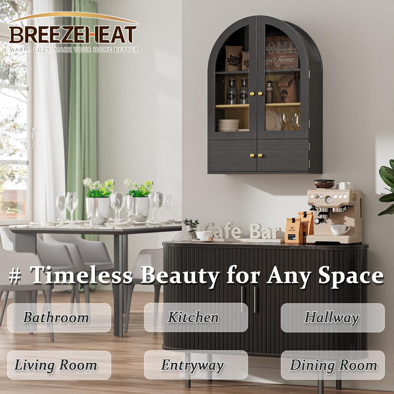 BREEZEHEAT Arched Bathroom Wall Cabinet, Floating Medicine Cabinet Over Toilet Storage w/Glass Doors, Adjustable Shelf, Wood Hanging Cupboard for Laundry Room/Kitchen/Hallway, Black, 23.6x33.5 Inch
