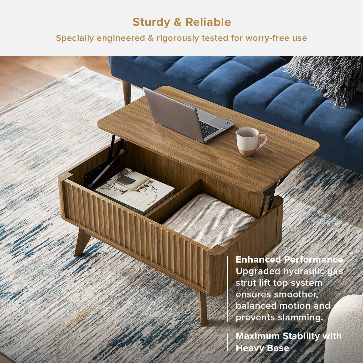 mopio Brooklyn Lift Top Coffee Table for Living Room, Mid Century, Modern Farmhouse with Lifting Tabletop & Hidden Storage, Fluted Panel, Rising Pull Up Dining Table (Walnut)