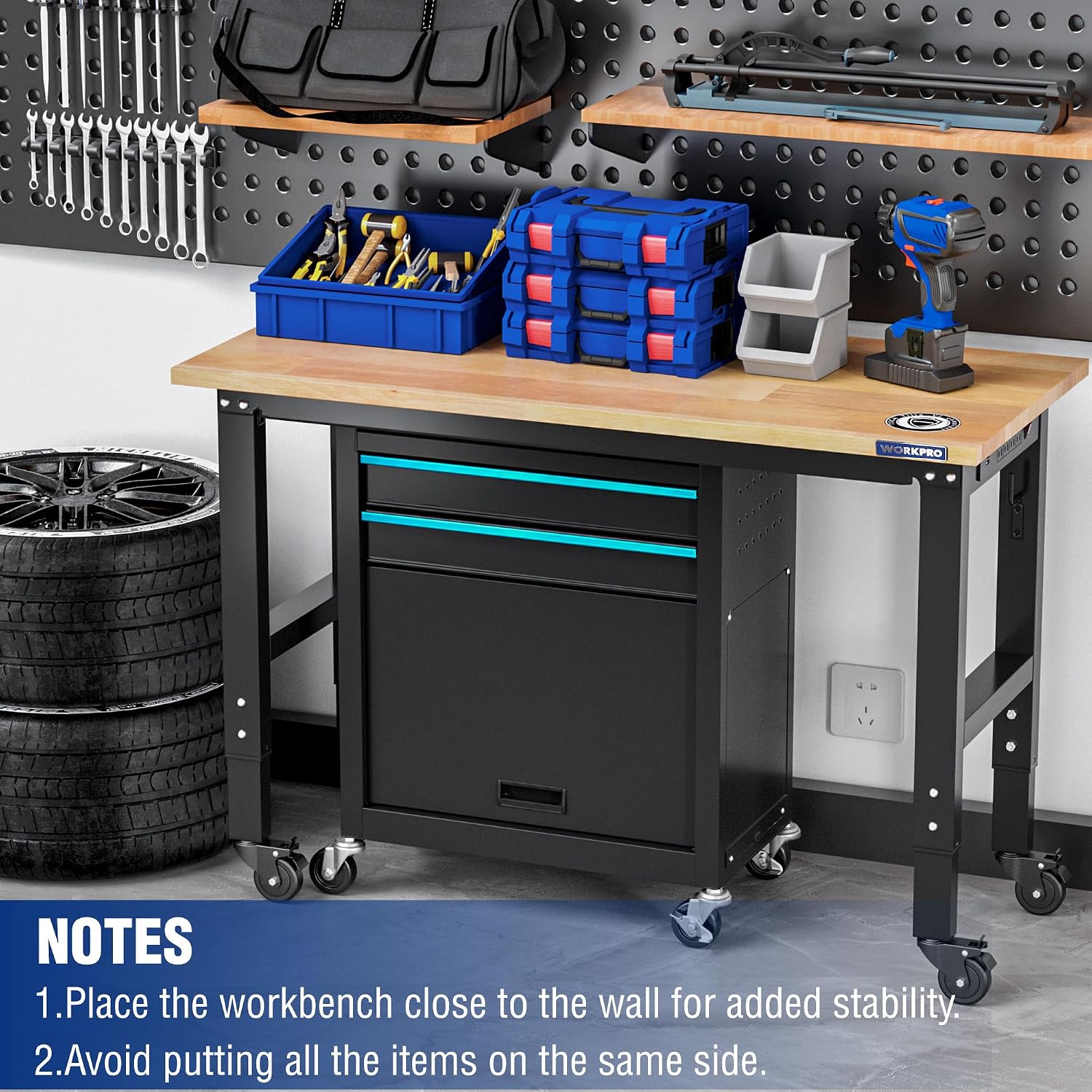 WORKPRO Garage Workbench, 48'X22' Adjustable Workbench with Wheels, Rubber Wood Top Heavy-Duty Workstation with Power Outlets, 1000 LBS Stationary Load Capacity, for Workshop, Garage