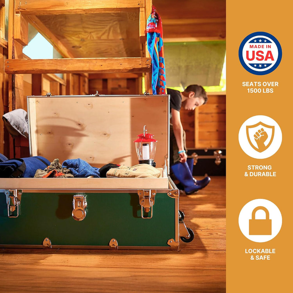 Rhino Trunk & Case Classic Camp & College Trunk with Wheels. 30'x17'x13', 1500+ lbs Capacity - Many Colors, Soft-Close Lid. Strong, USA Made Summer Camp Footlocker and Secure Dorm Storage Chest