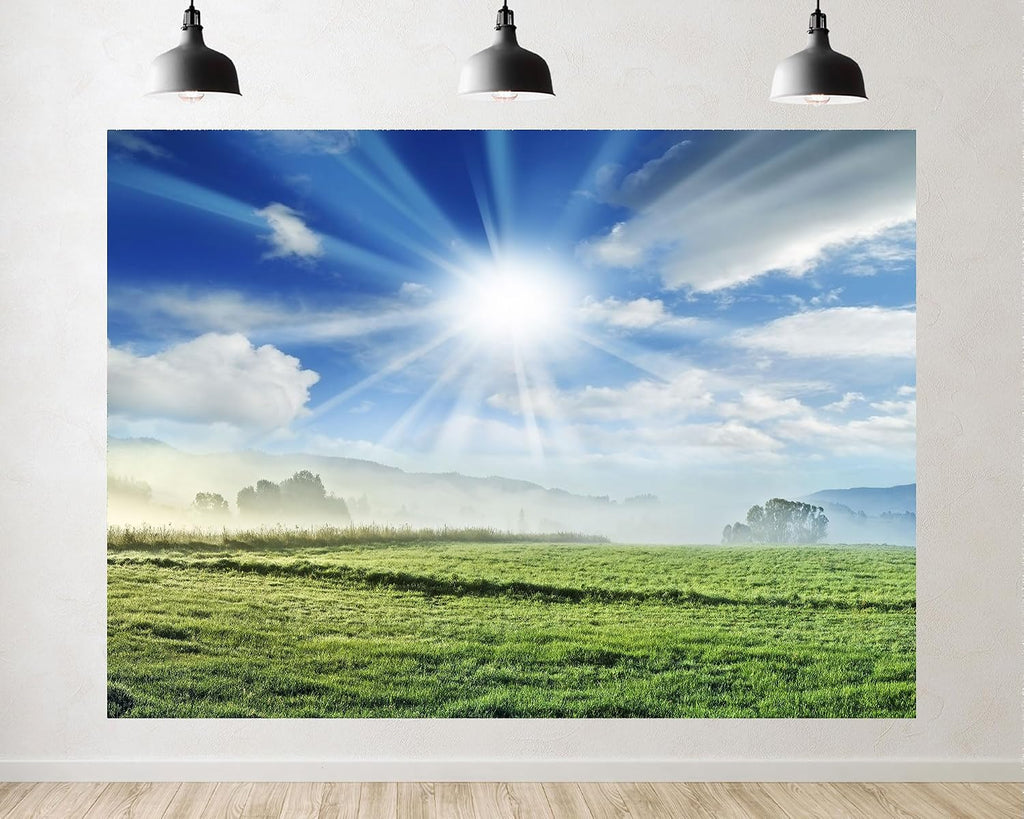 Trykid 20x10ft Sunbeam Green Meadow Backdrop Misty Mountain Clear Sky Photography Background Outdoor Camping Nature Hike Tapestry Party Decoration Photo Studio Prop Fabric