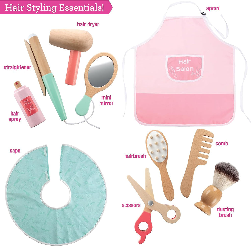 Pretend Hair Salon Wooden Play Set- Full Vanity Mirror with Chair & Rolling Cart- Playset Includes Blow Dryer, Brush, Styling Cutting Tools- Girls Hair Dresser Stand Center, Stylist Fun, Gift for Kids