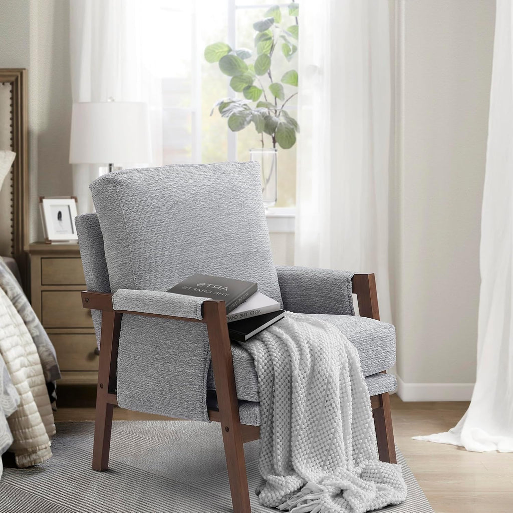 RNKSFX Grey Accent Chair for Bedroom & Living Room, Mid Century Modern Accent Arm Chair, Upholstered Anthropologie Accent Chair with Solid Wood Frame, Fabric