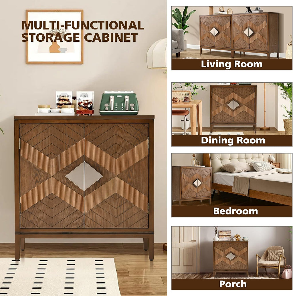 Ahokua Mid-Century Modern Wood Accent Cabinet with 2 Carved Doors, Geometric Storage Sideboard with Adjustable Shelf for Living Room, Hallway or Entryway, Brown